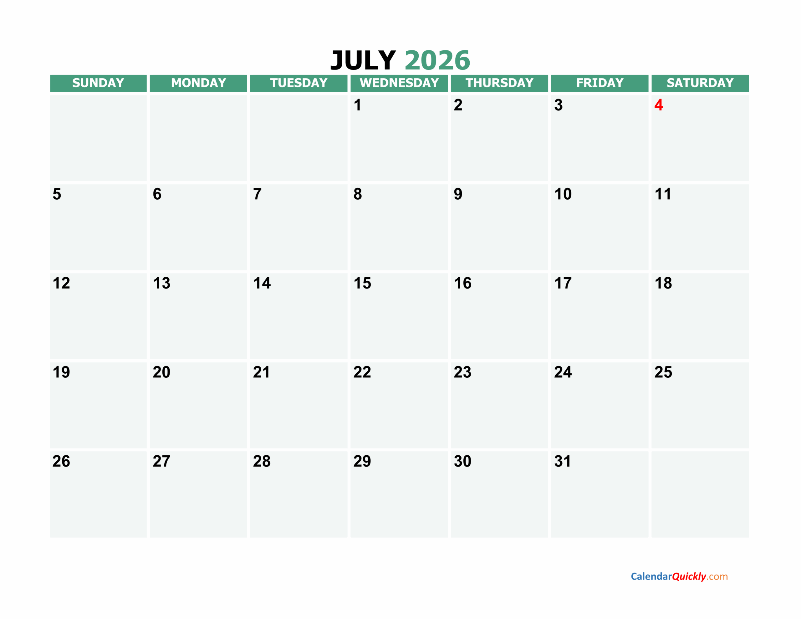 Blank Calendar Template July 2026