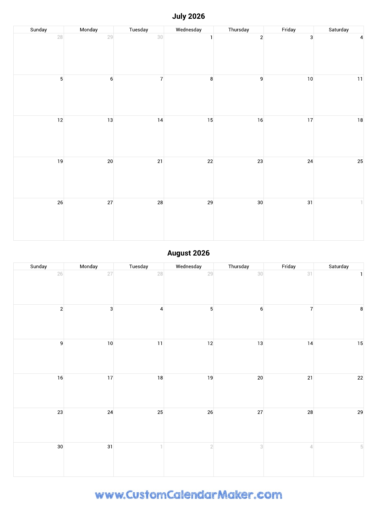 July Blank Calendar 2026 Printable Free
