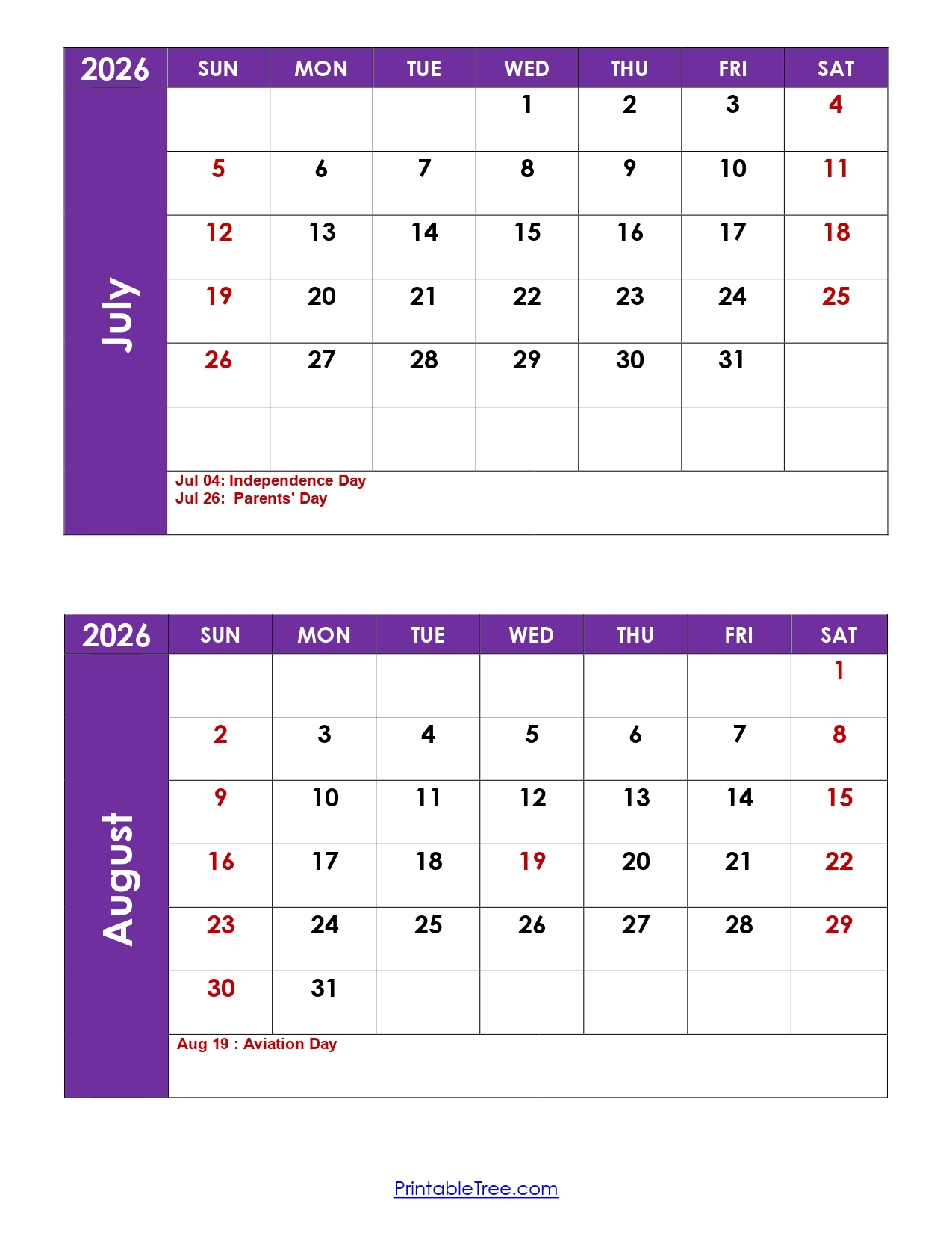 Printable Calendar June July August 2026