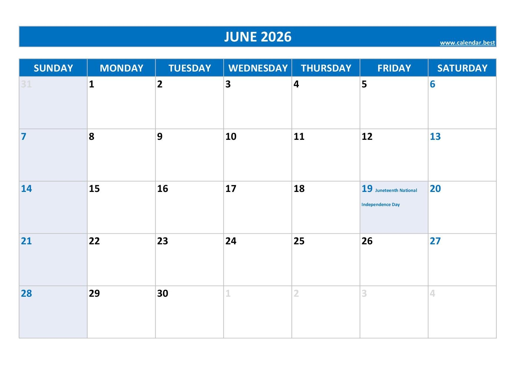 Free Printable Blank June 2026 Calendar