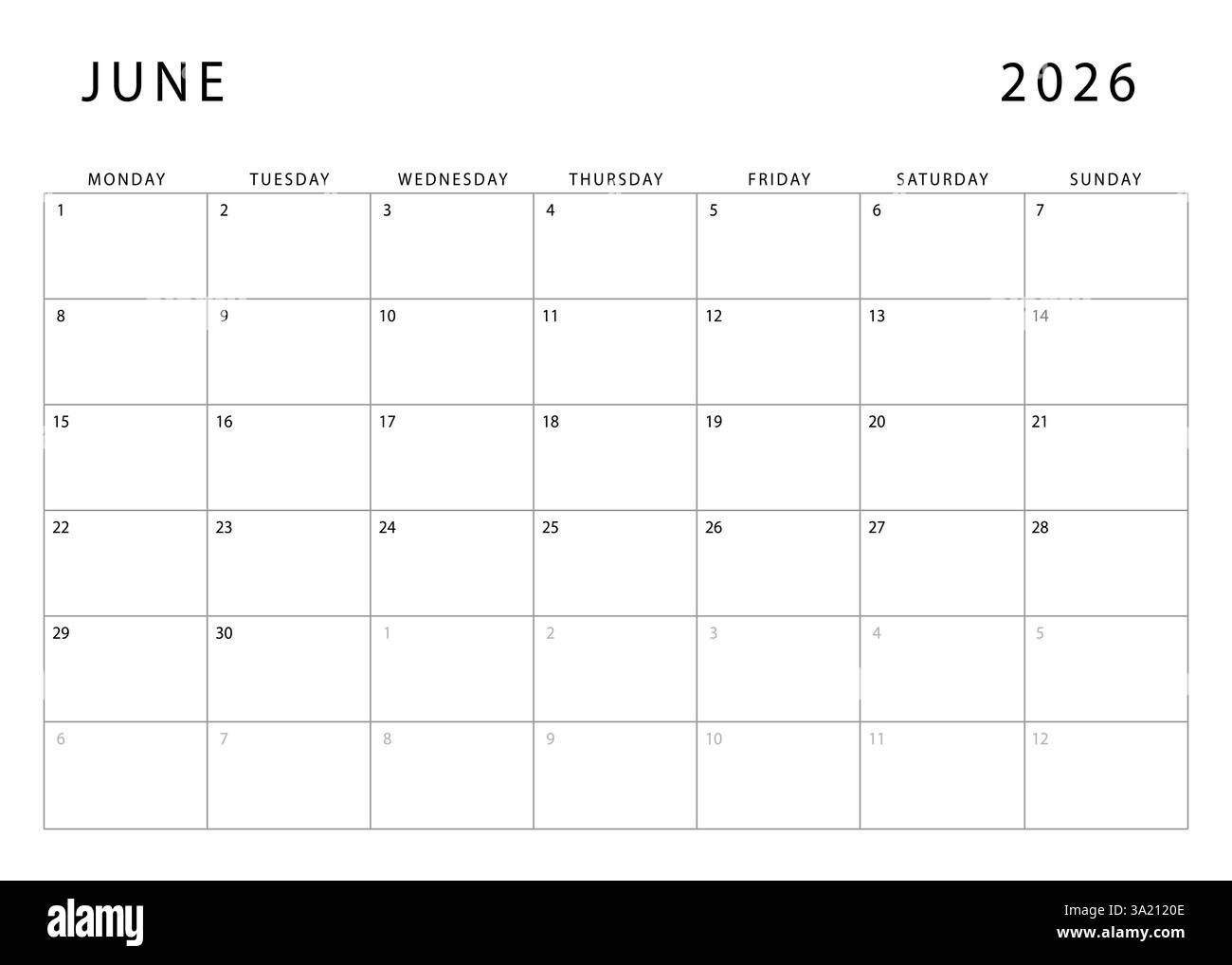 June 2026 Calendar Monthly Planner Template Monday Start Vector 