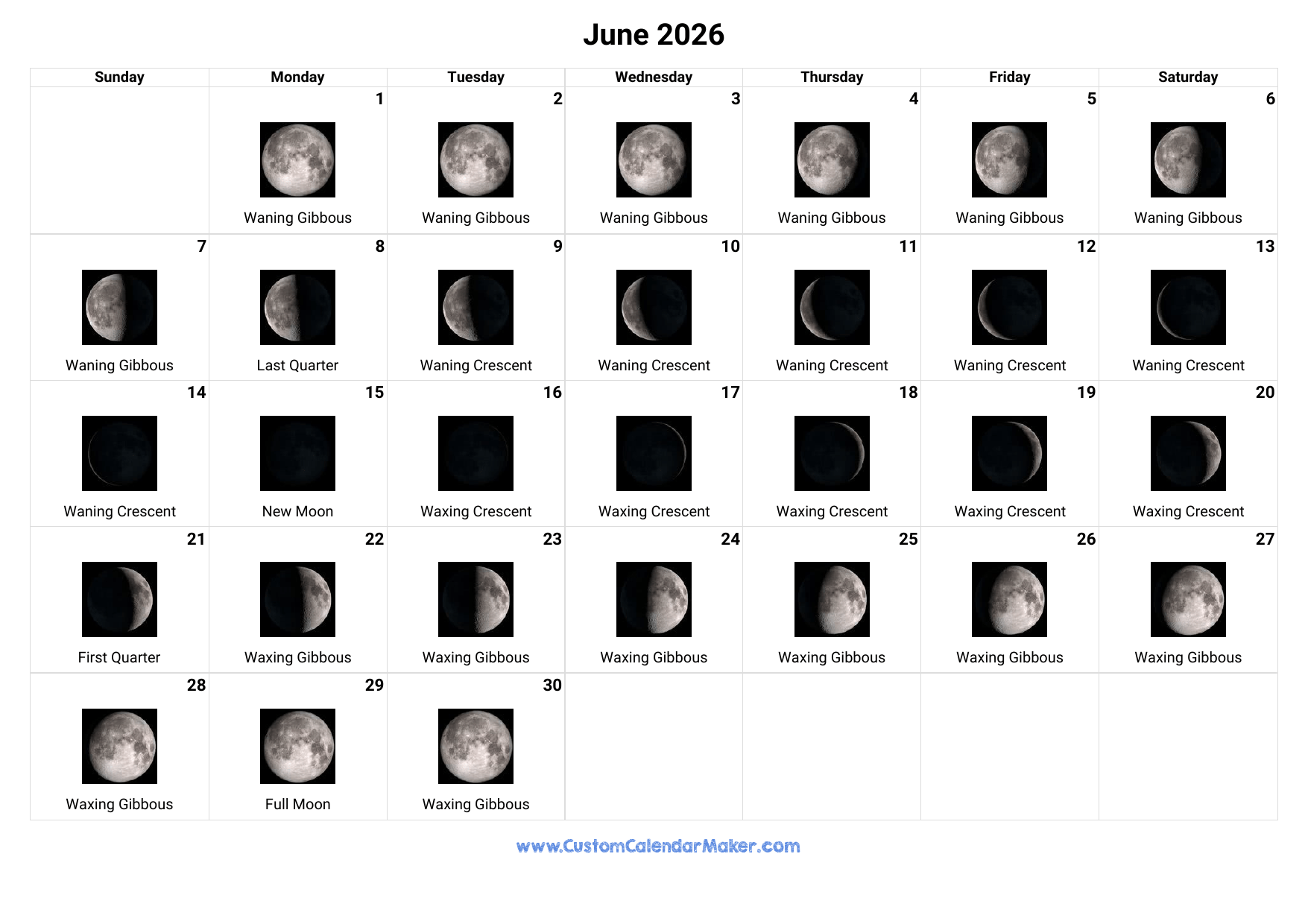 Full Moon Calendar 2026 Printable