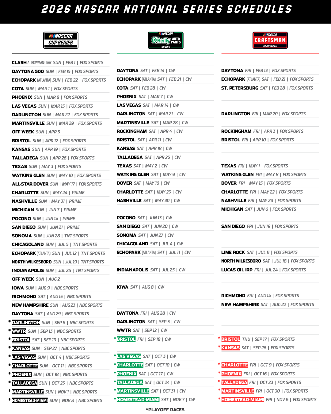 Printable Nascar Schedule 2026