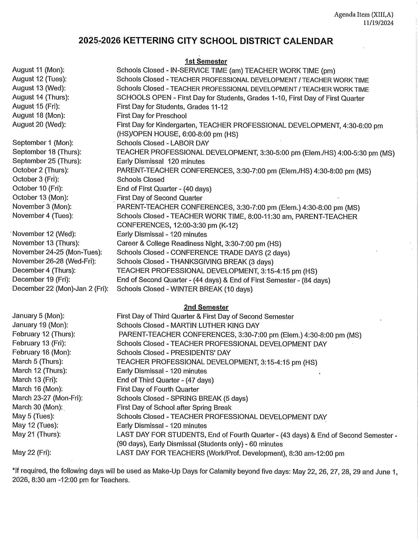Kettering City School District Calendar Revised 25 26 PDF 