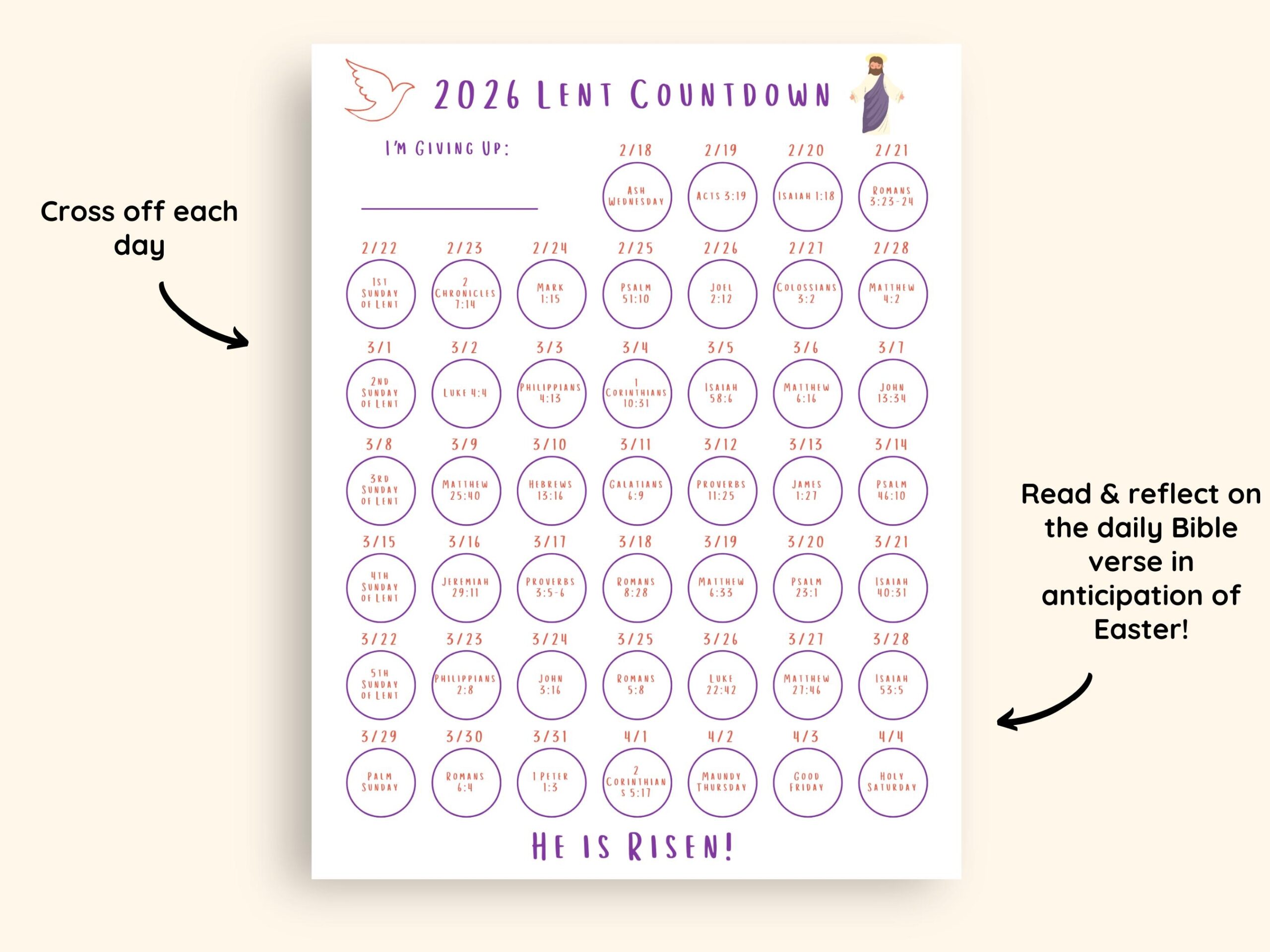 Kids 40 Days Of Lent Tracker 2026 Countdown Calendar Printable 