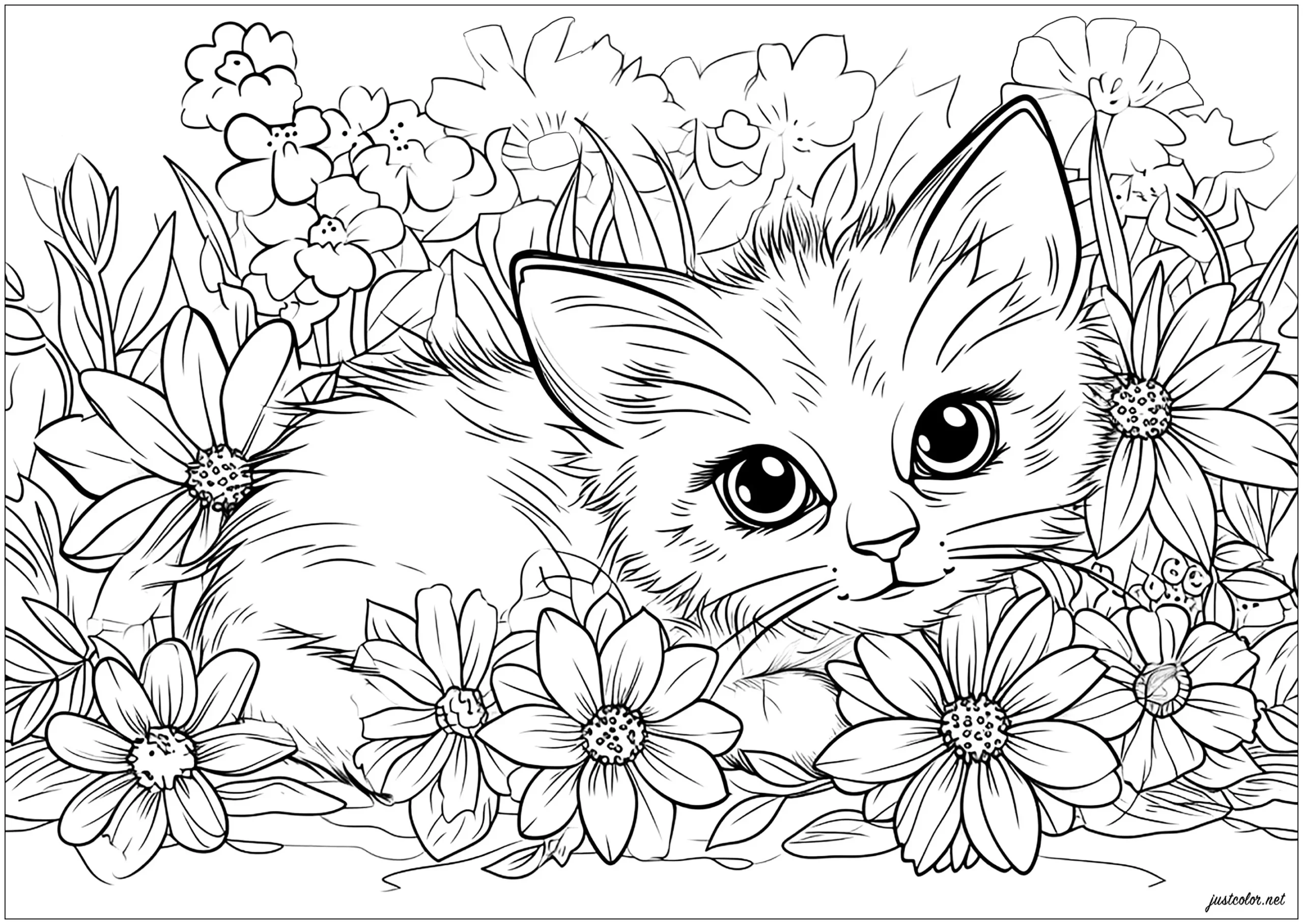 Little Cat To Color Surrounded By Pretty Flowers Cat Coloring 