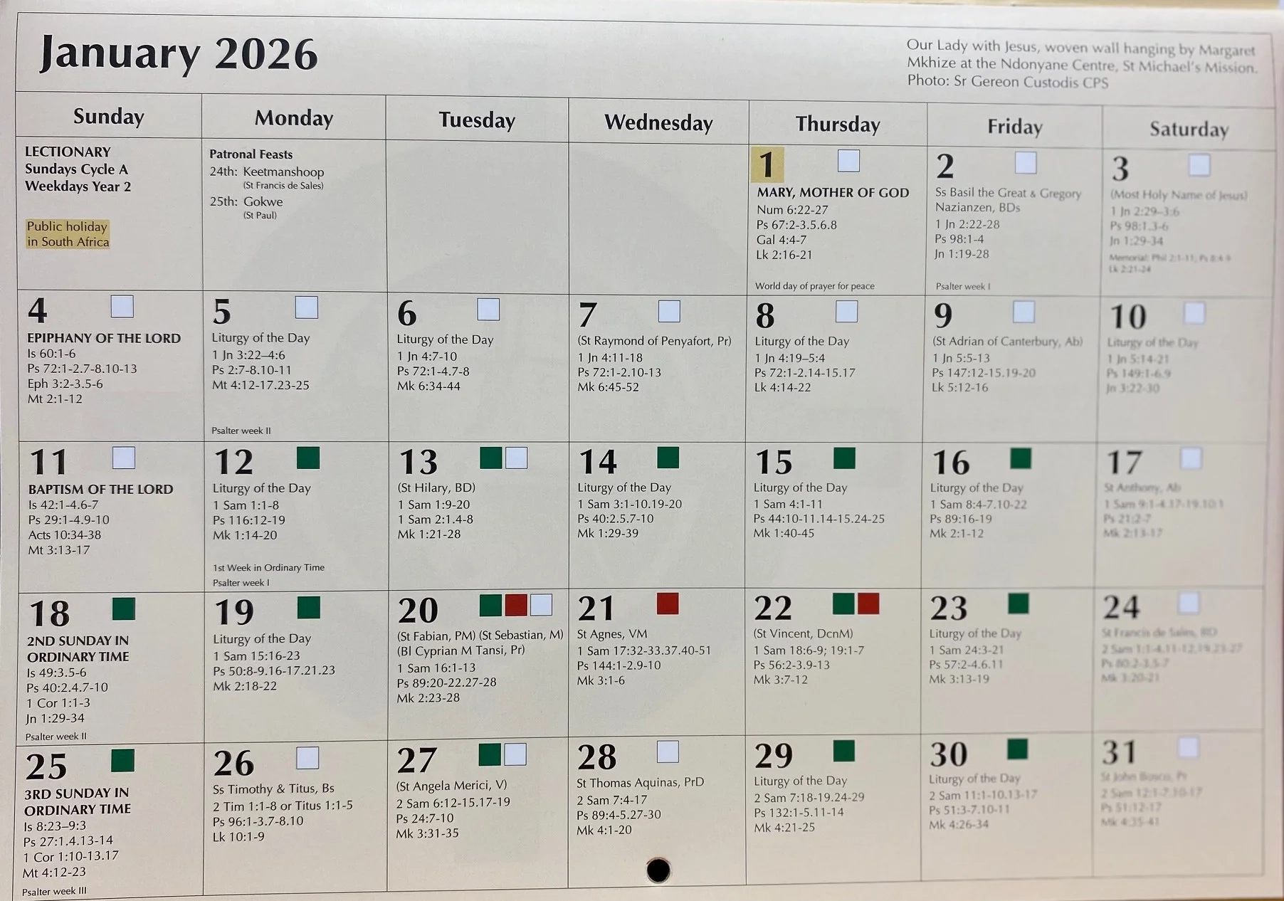 Catholic Liturgical Calendar 2026 Printable