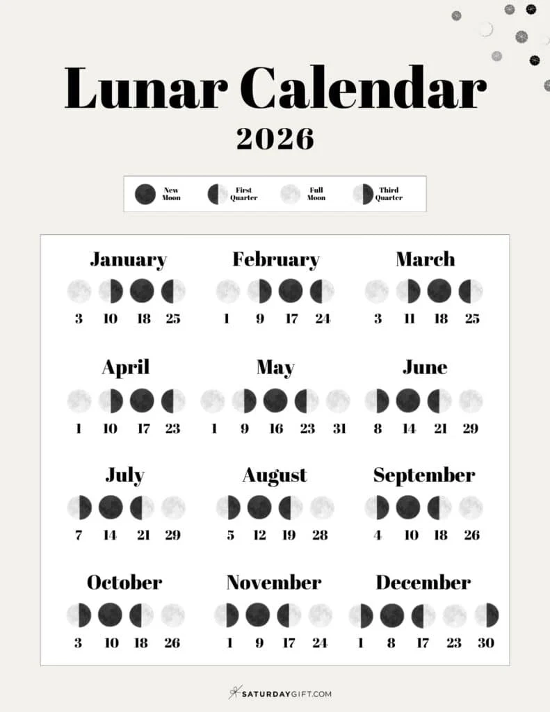 Lunar Calendar 2026 12 Moon Phase Calendar Printables