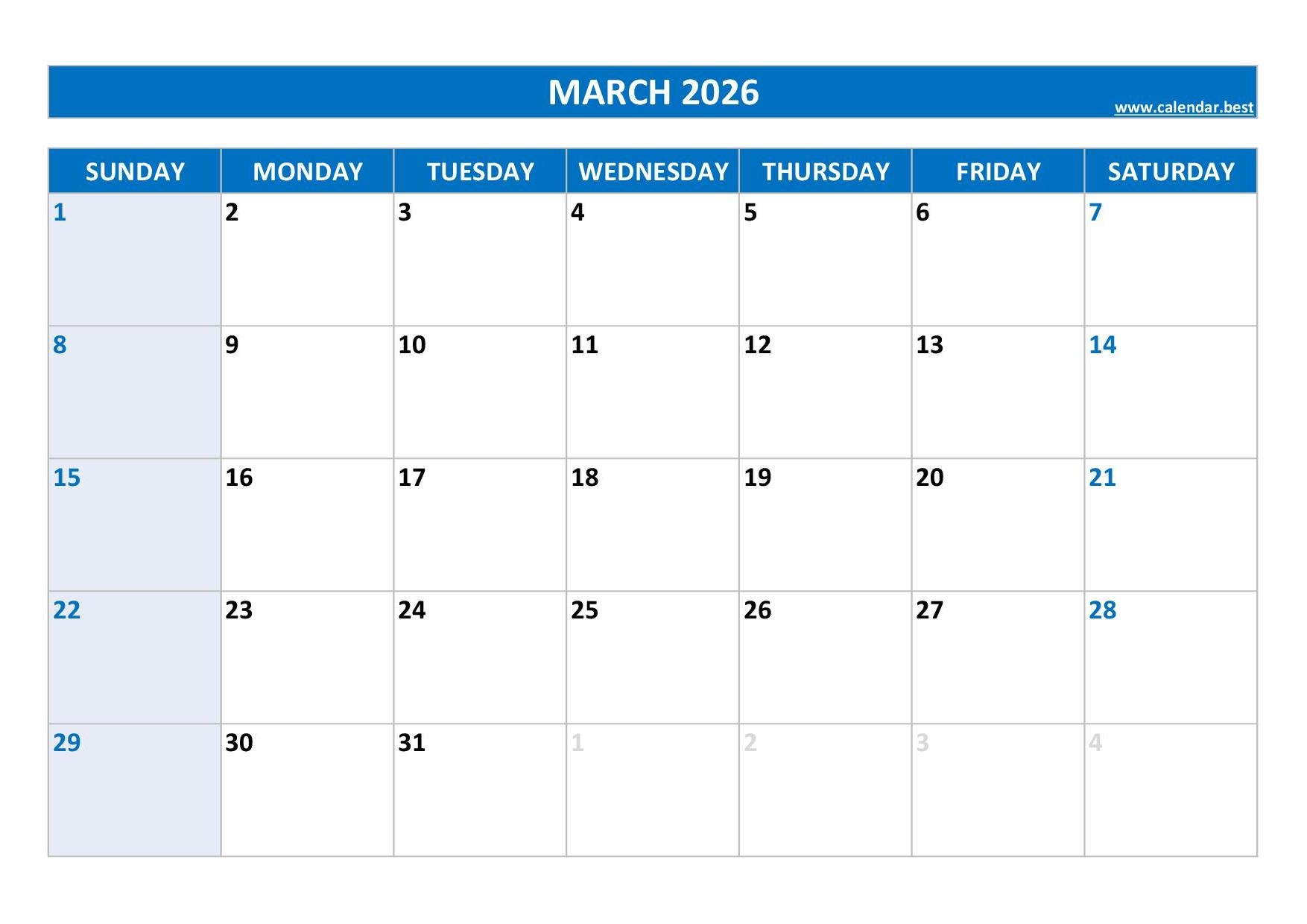 March 2026 Calendar Printable With Holidays