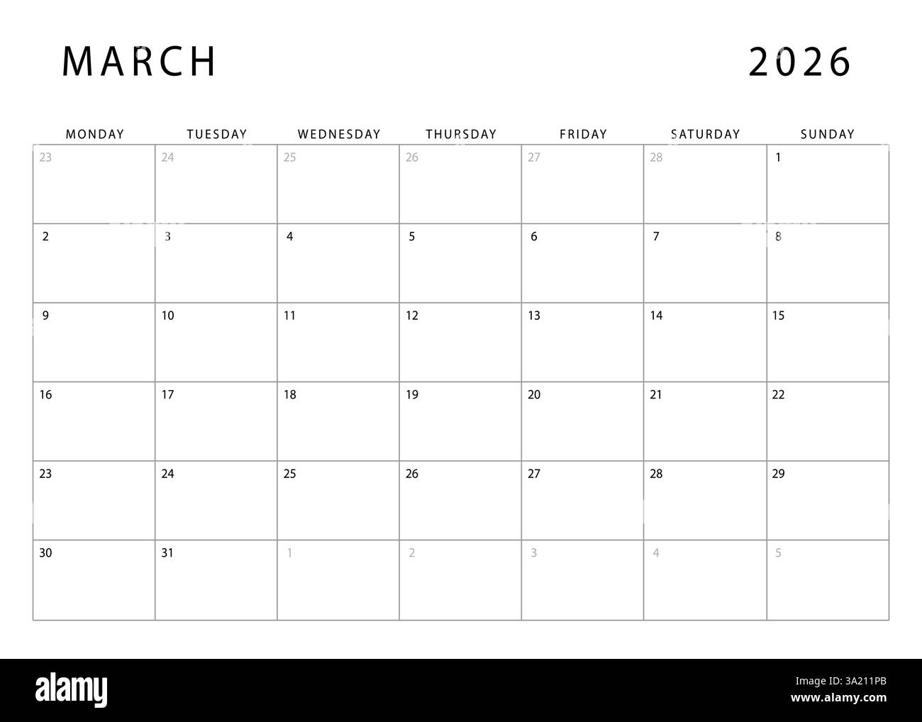 March 2026 Calendar Monthly Planner Template Monday Start 