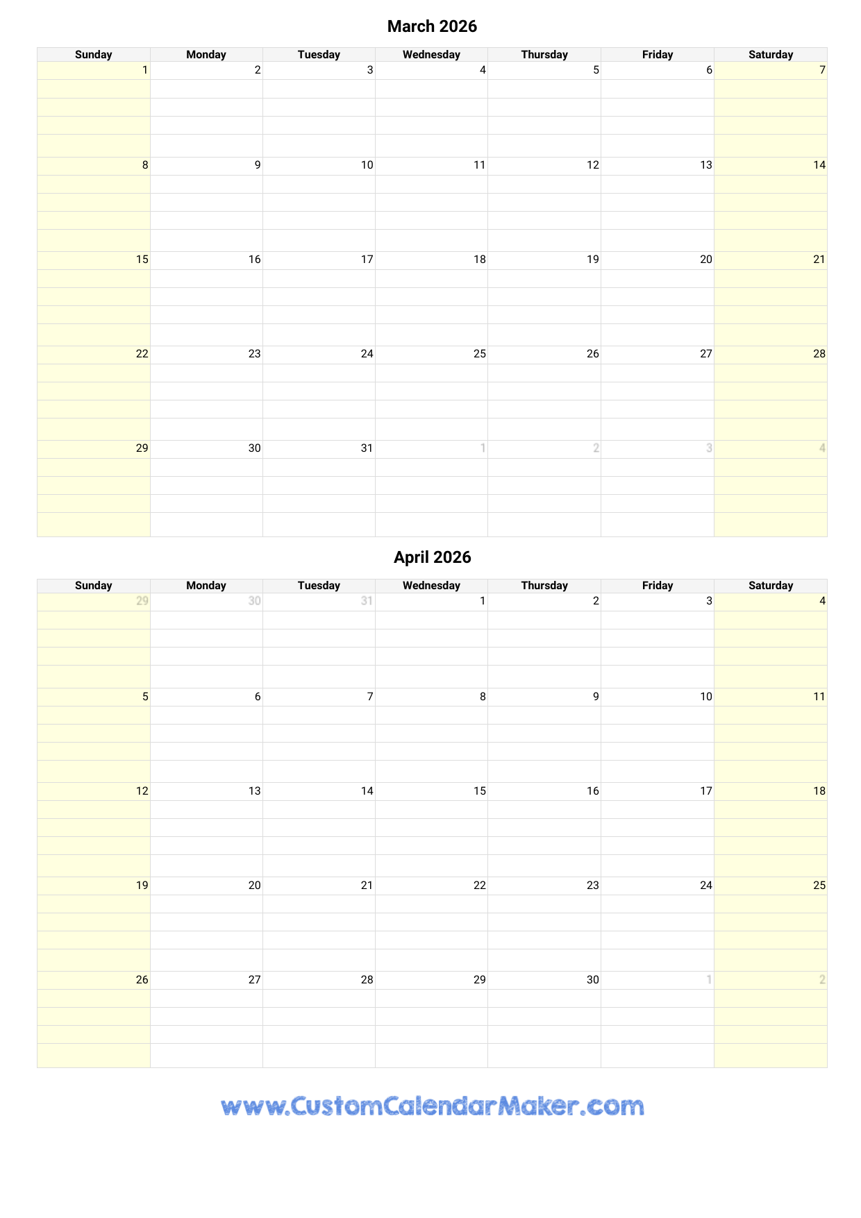 Free Printable Calendar March And April 2026