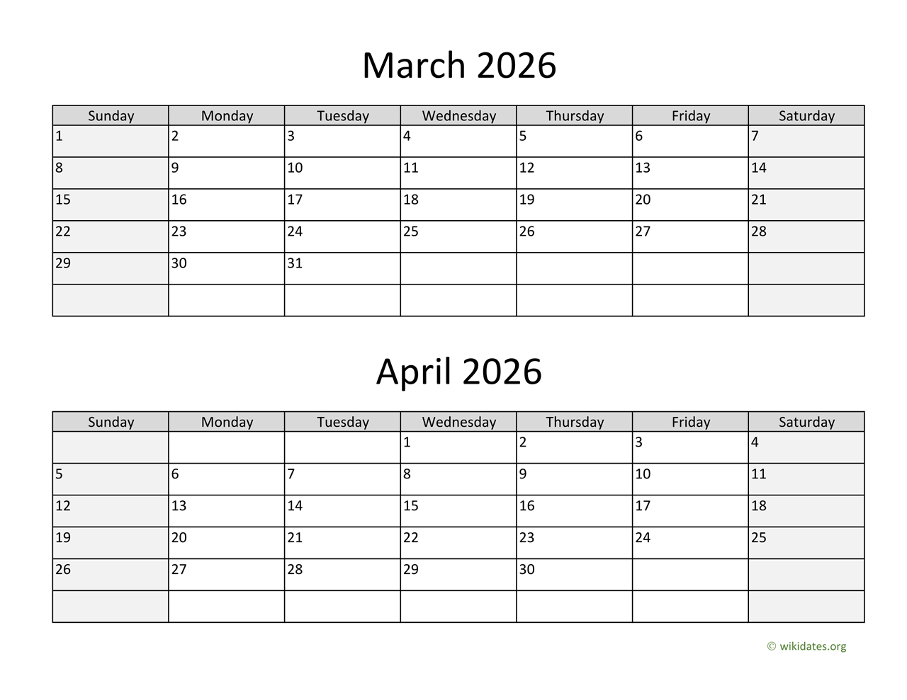 Printable Calendar March April 2026