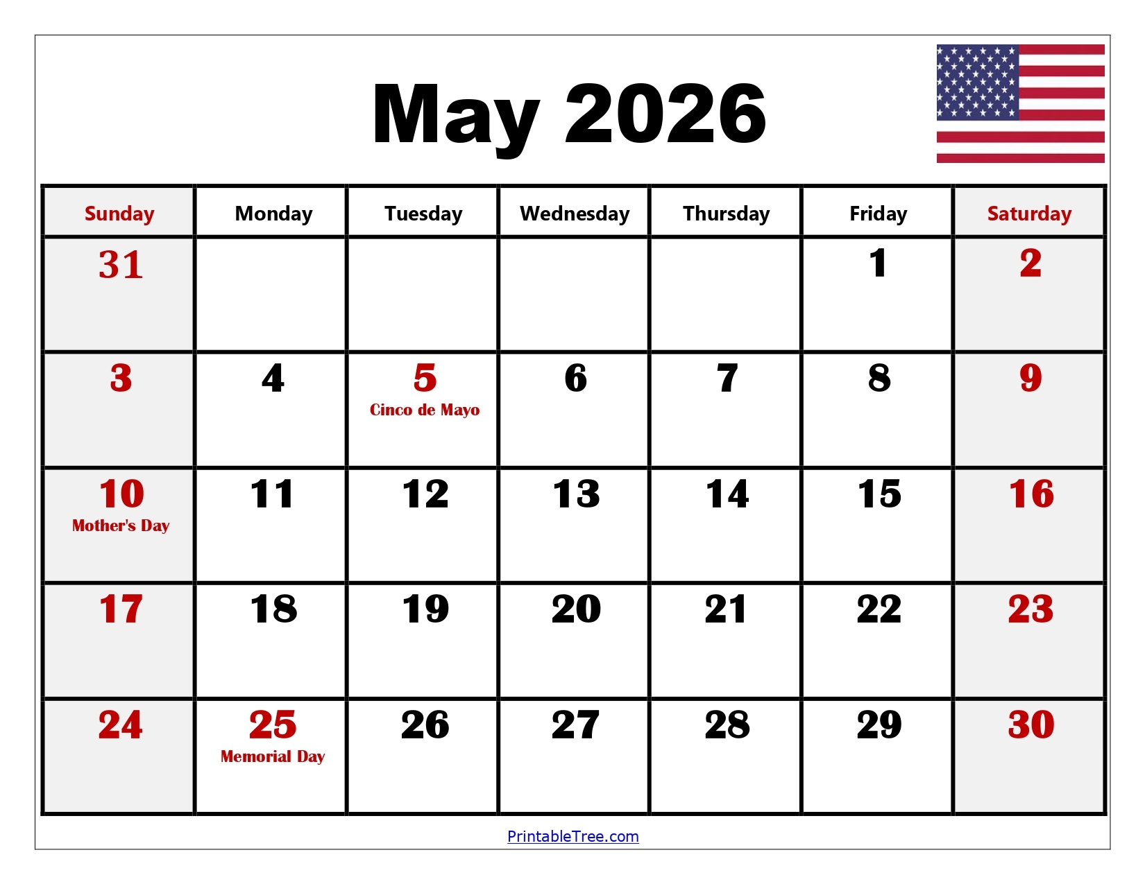Blank Calendar For May 2026