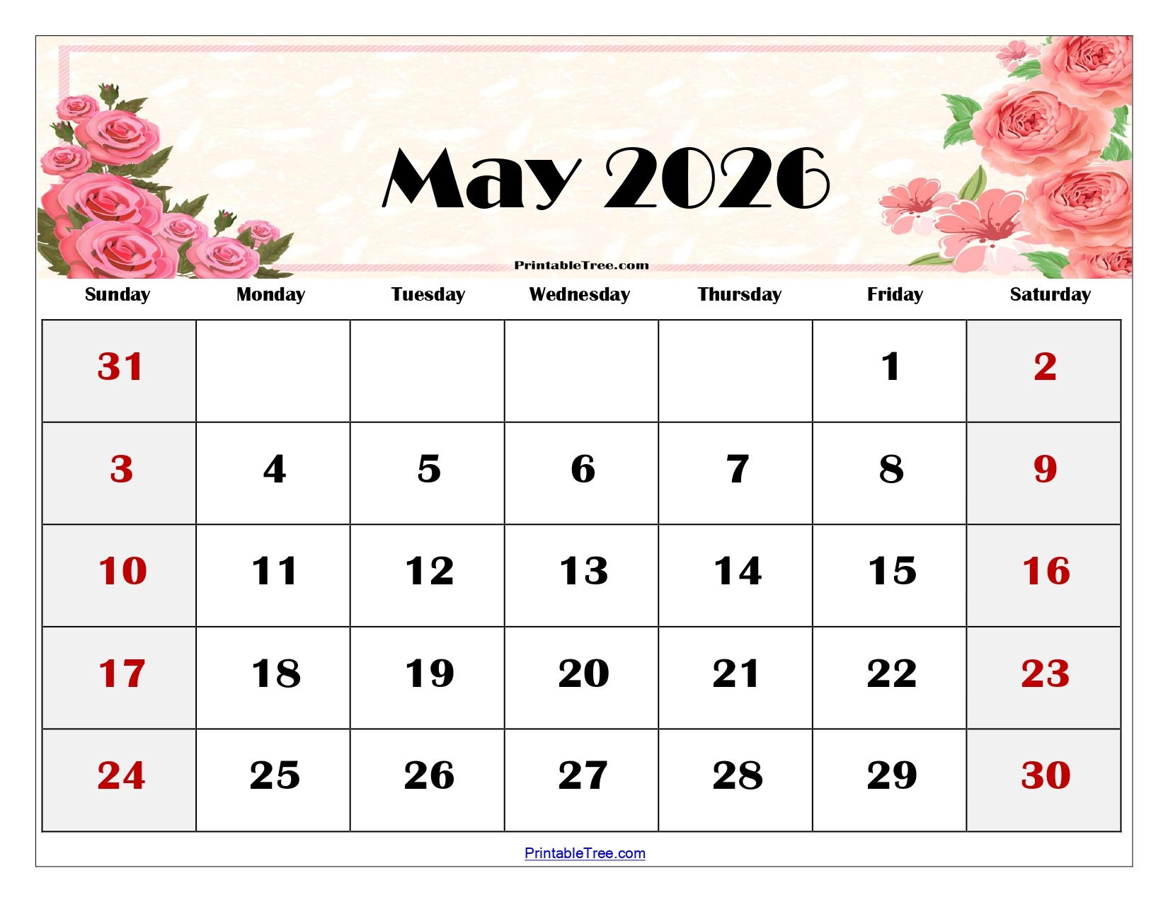 May Printable Calendar 2026 Free