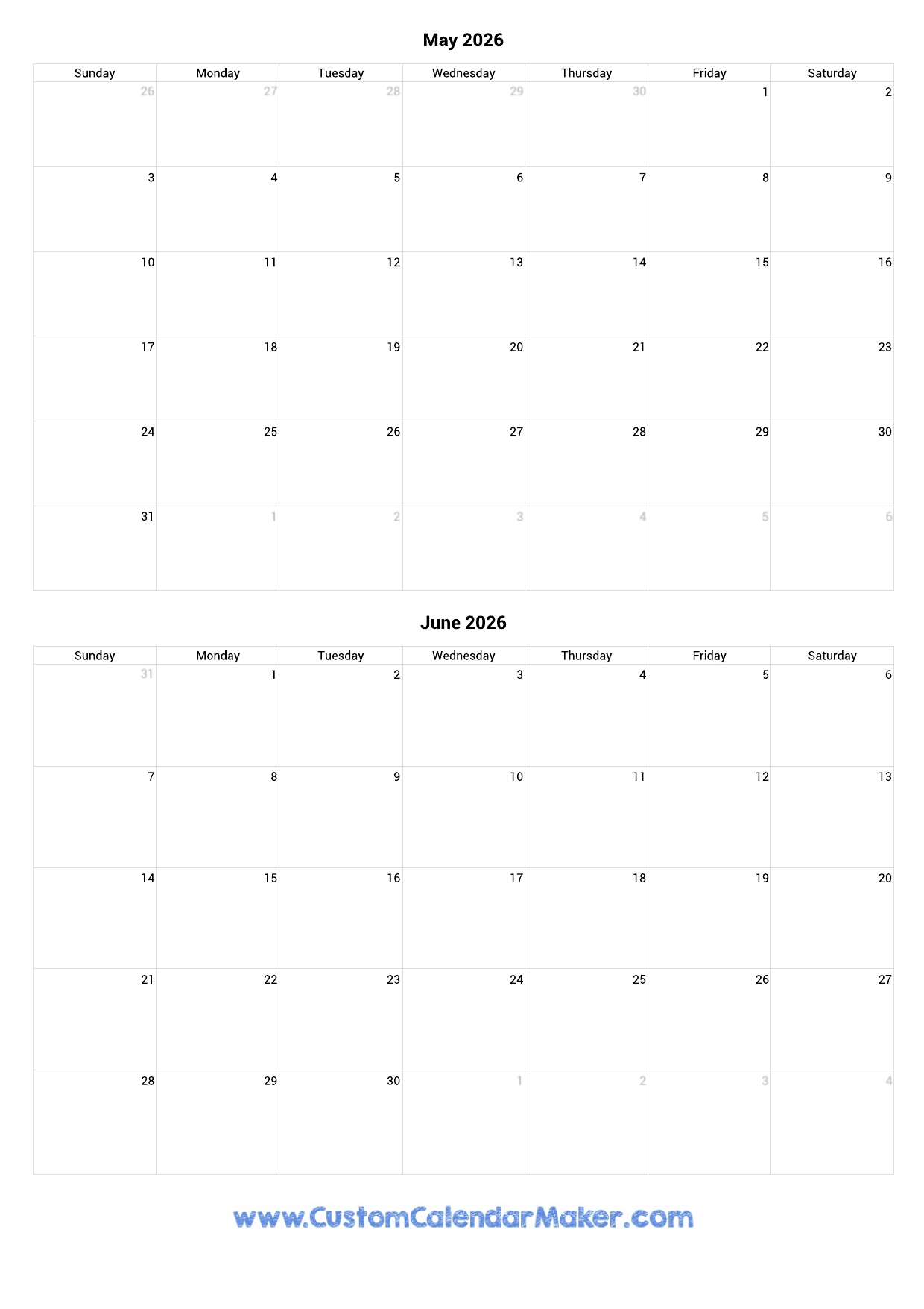 May June July 2026 Calendar Printable