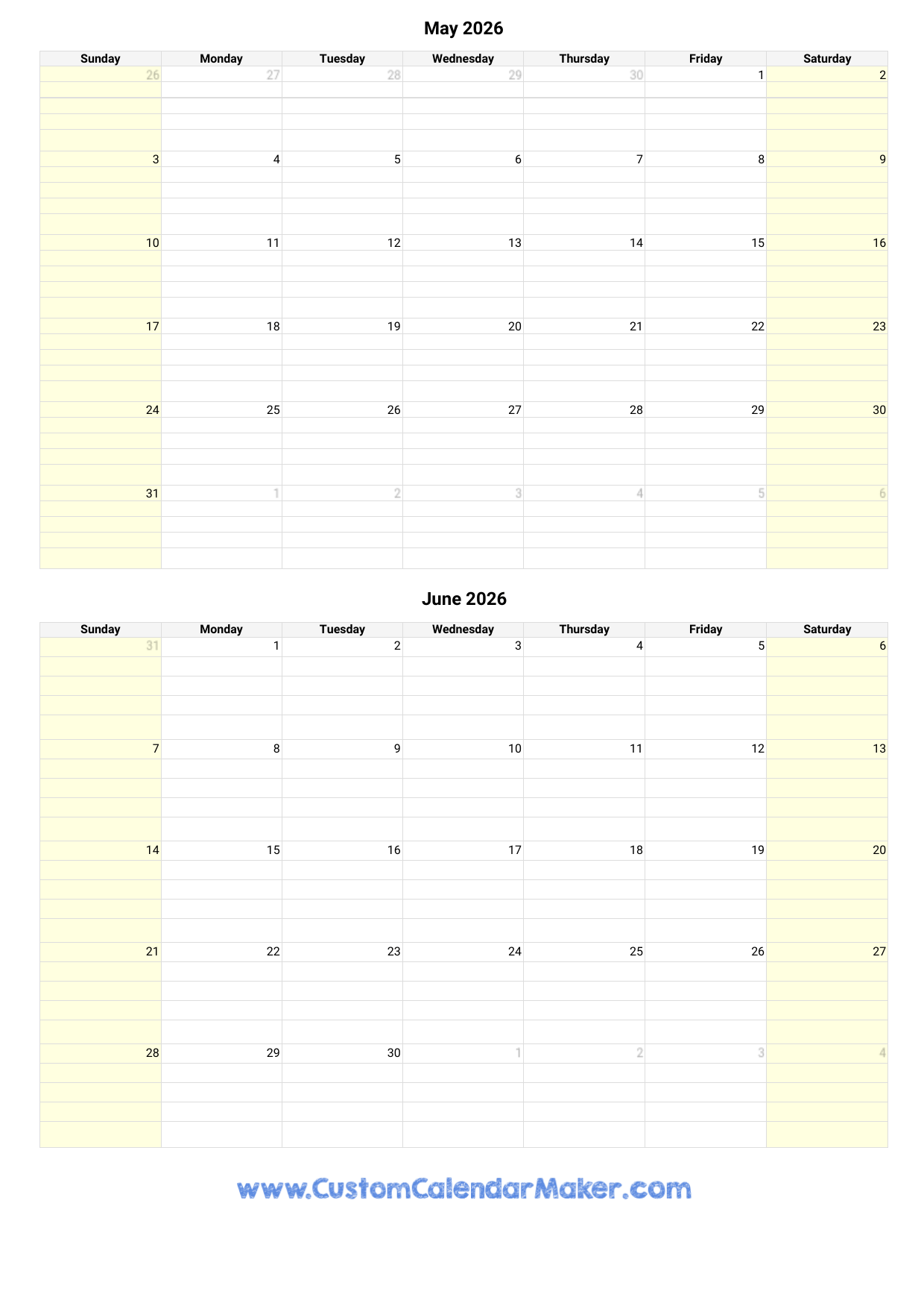 May And June 2026 Calendar Printable