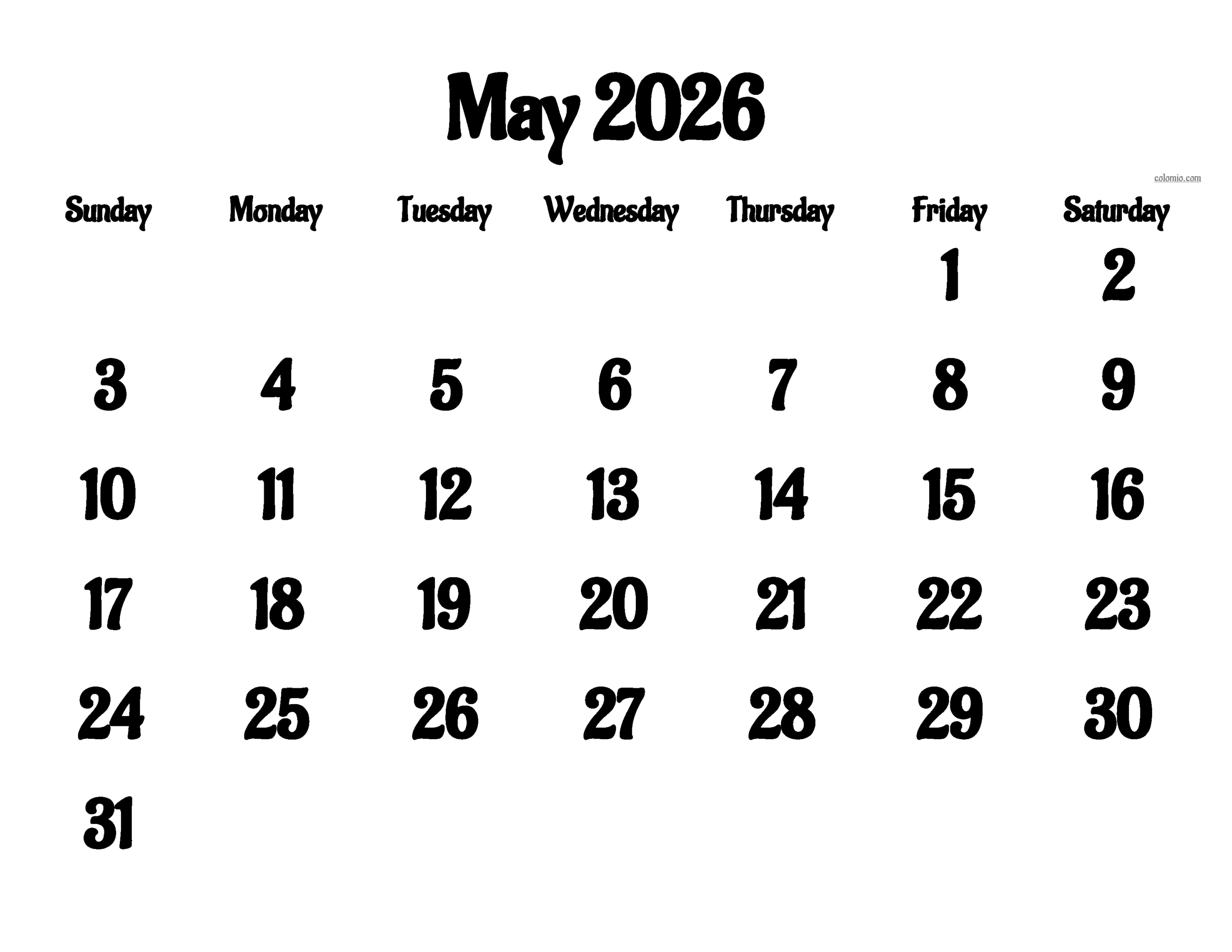 May 2026 Calendar Printable Pdf Free Download
