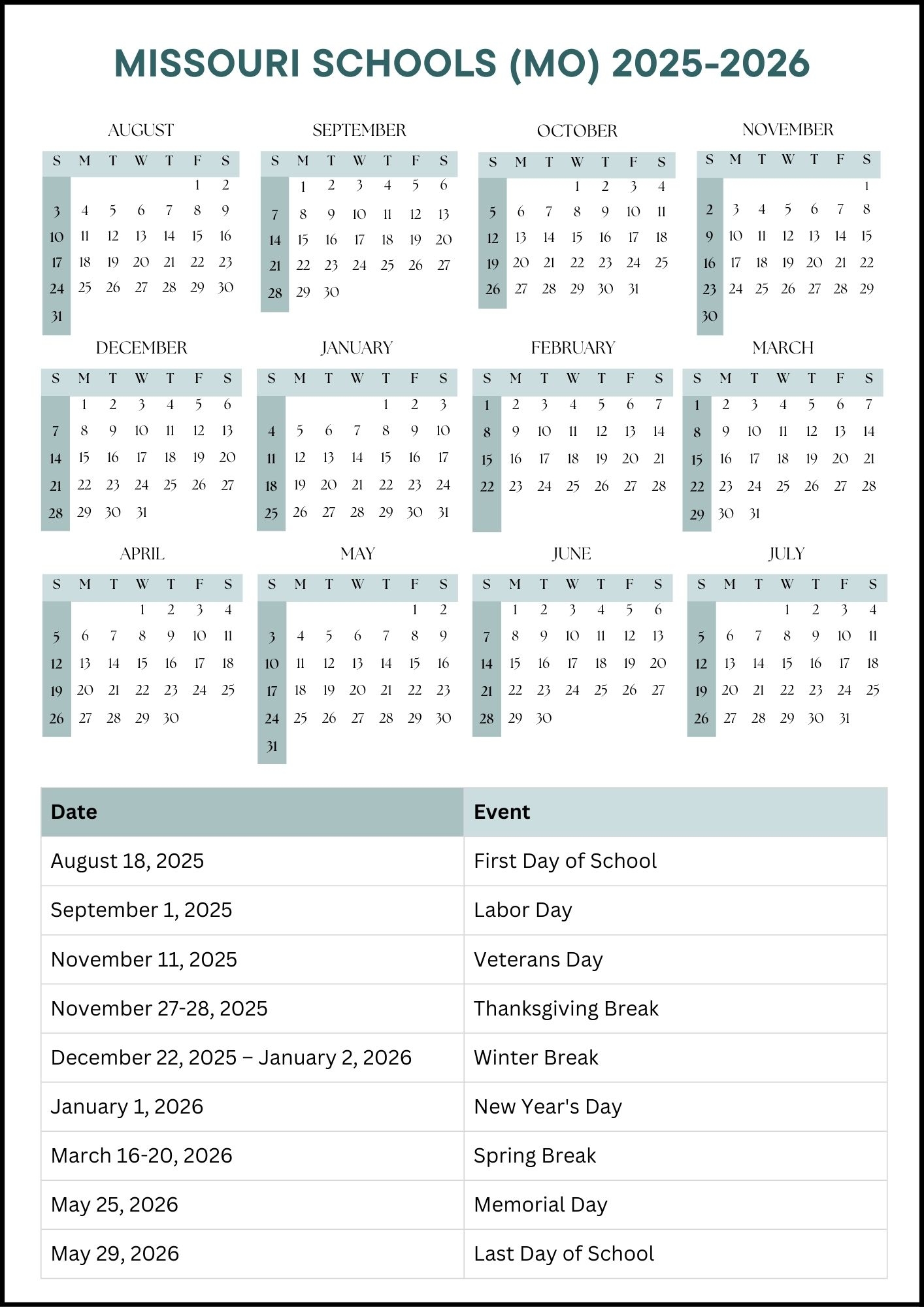 Missouri Schools Calendar MO 2025 2026 Dates 