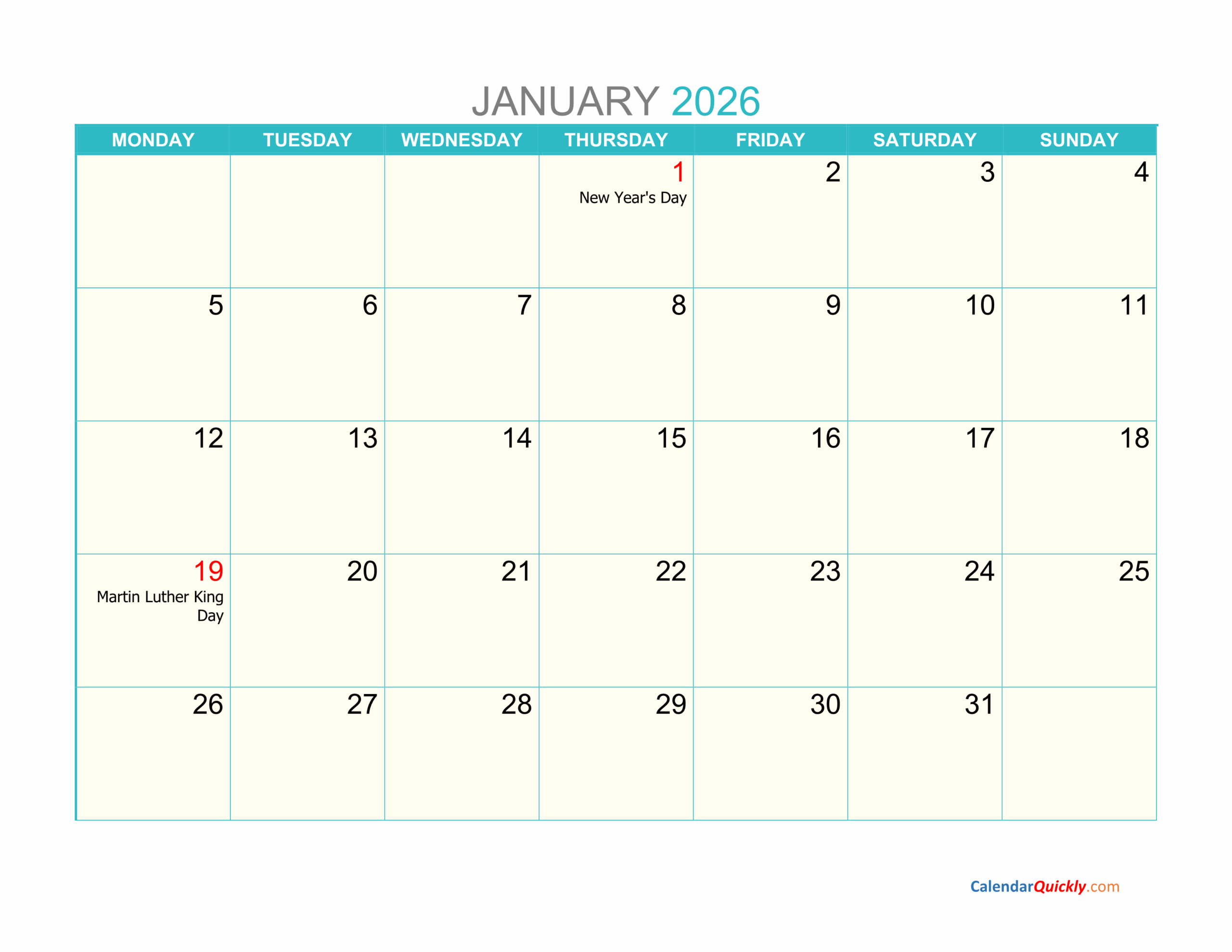 2026 Printable Calendar By Month