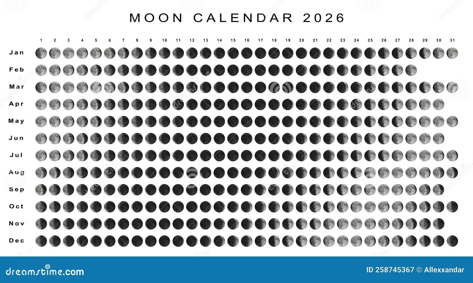 Moon Calendar 2026 Northern Hemisphere Stock Illustration 