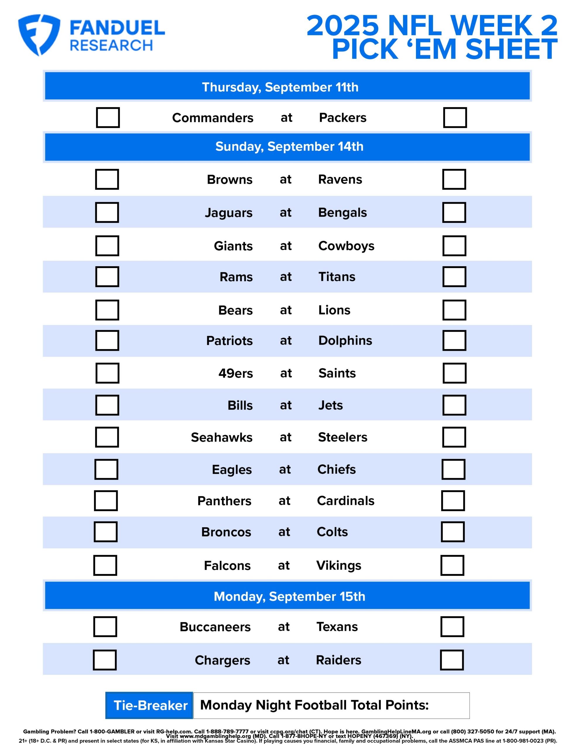 NFL Week 2 Pick Em Sheet Free Printable Schedule And Betting 