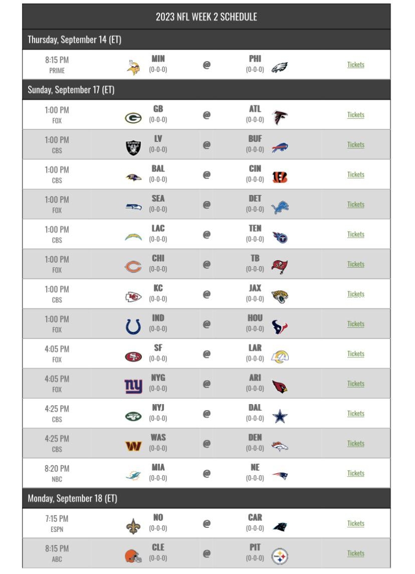 Nfl Week 2 Printable Schedule