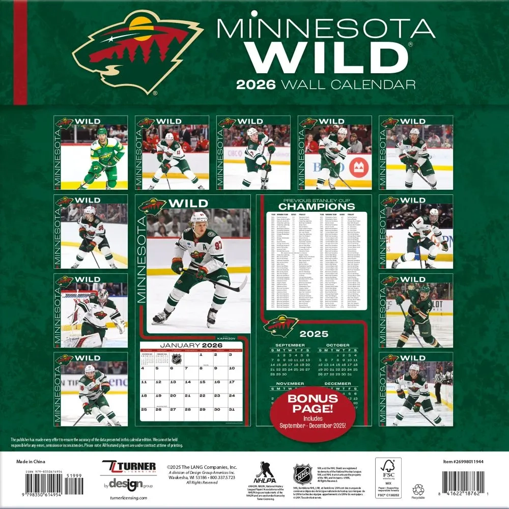 NHL Minnesota Wild 2026 Wall Calendar Calendars