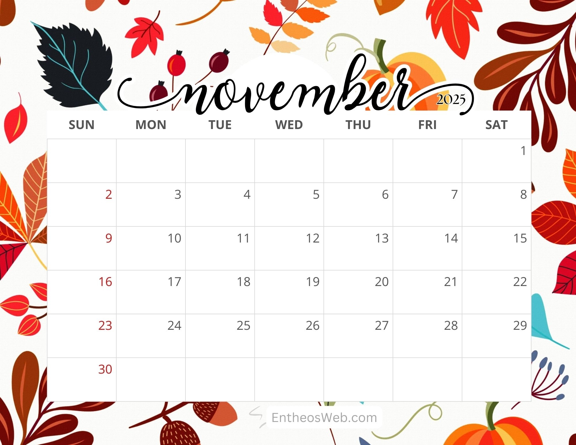 November 2025 Calendar Free PDF Printable Downloads EntheosWeb
