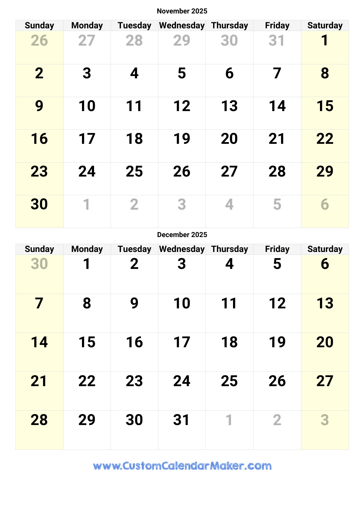 Blank November And December 2025 Calendar Printable
