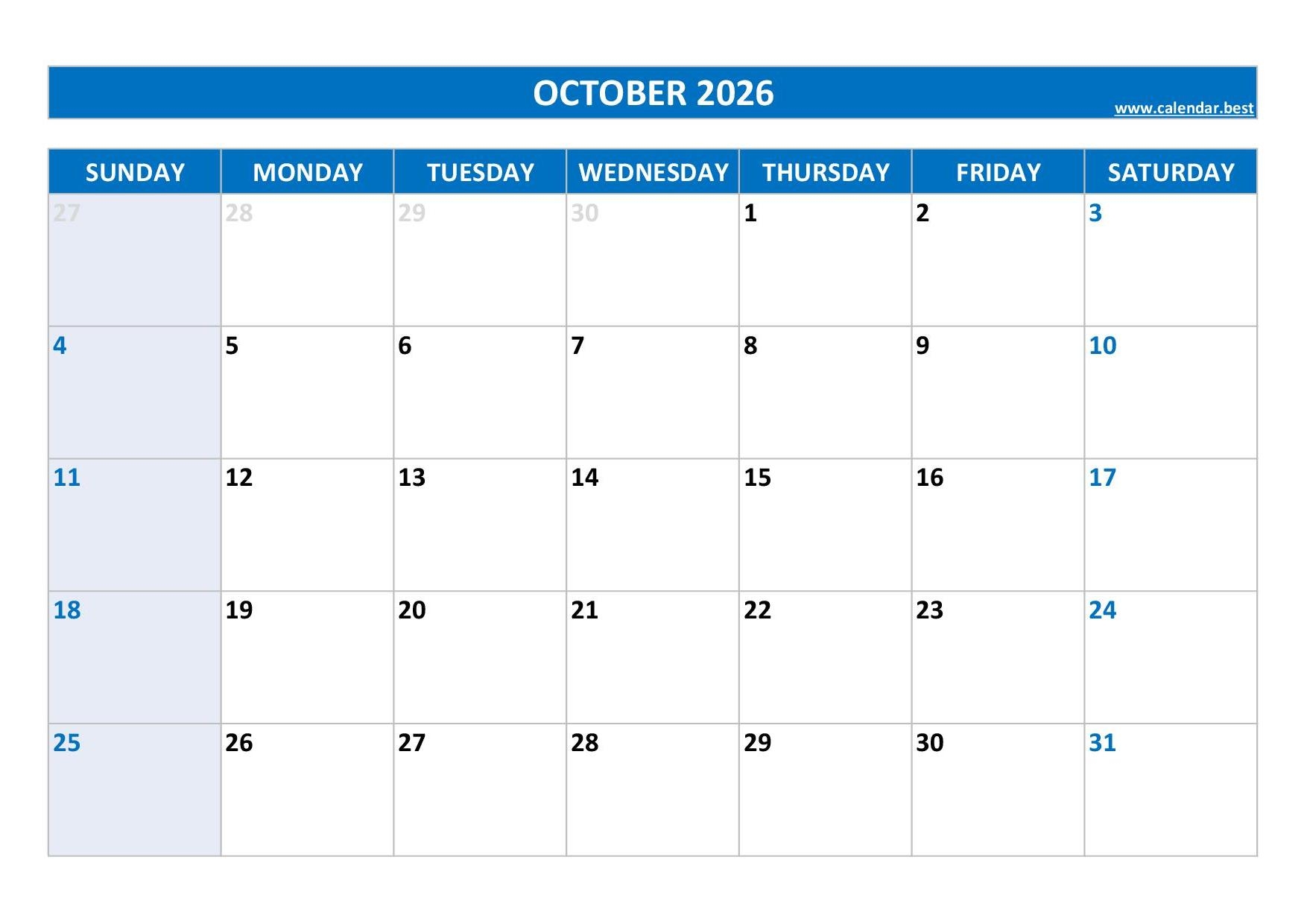 Printable Blank October 2026 Calendar