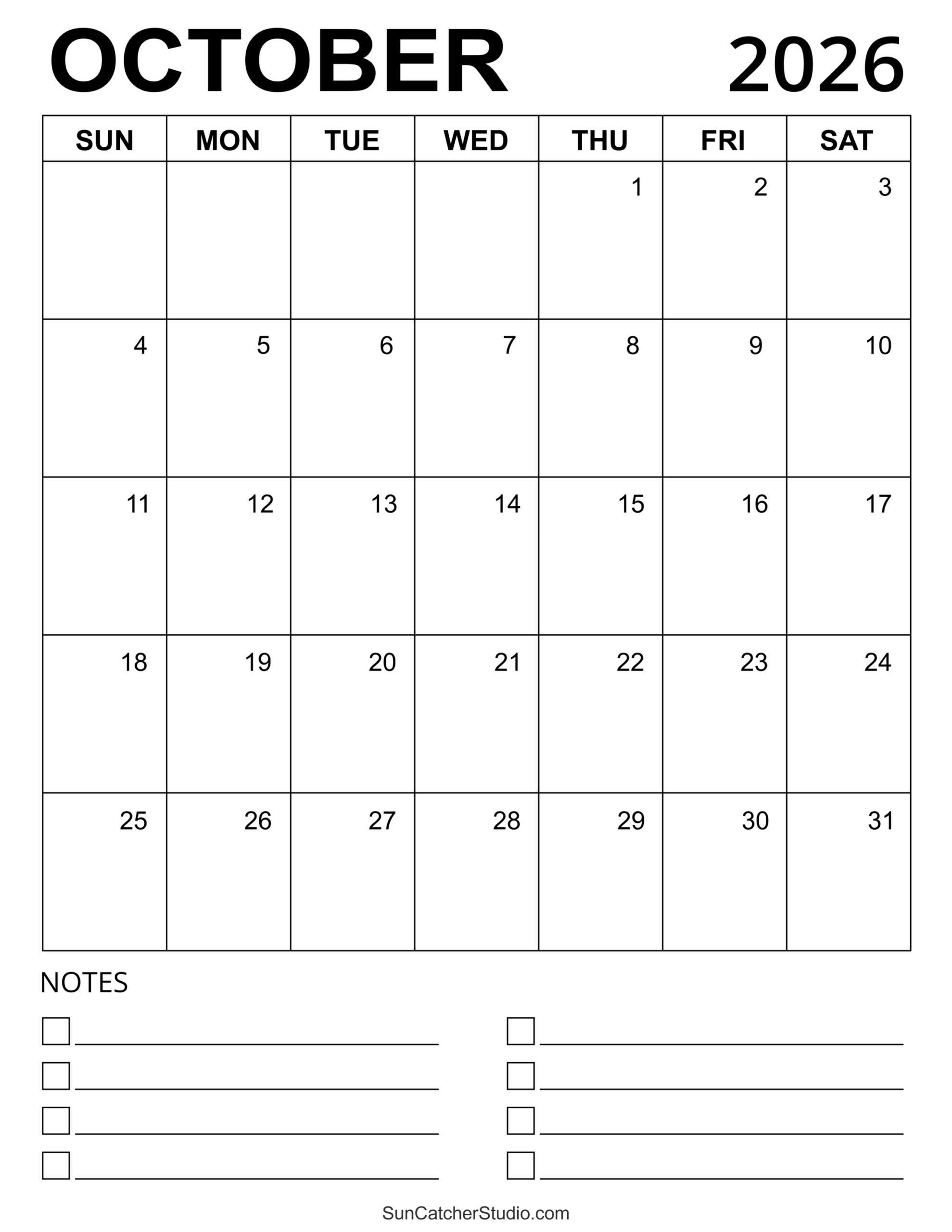 October Blank Calendar 2026