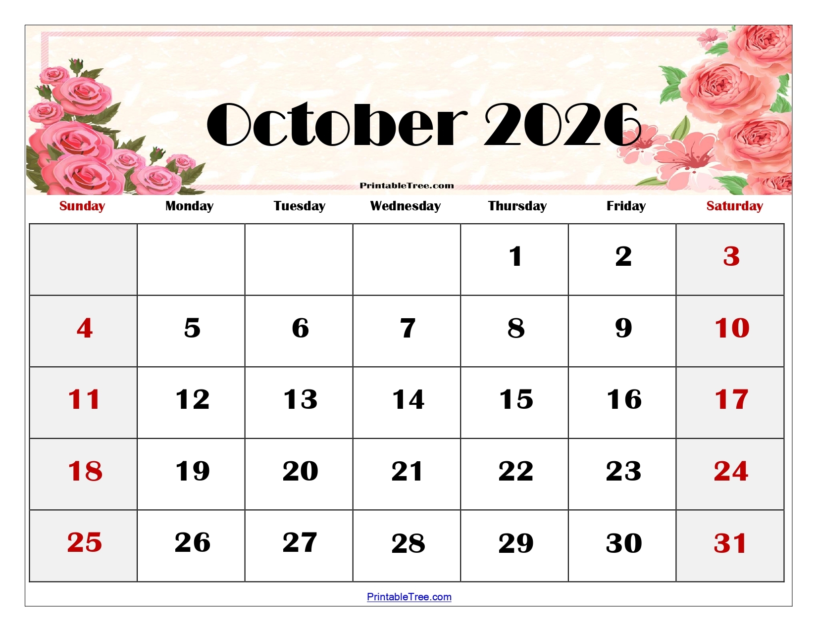 Printable Blank Calendar Oct 2026