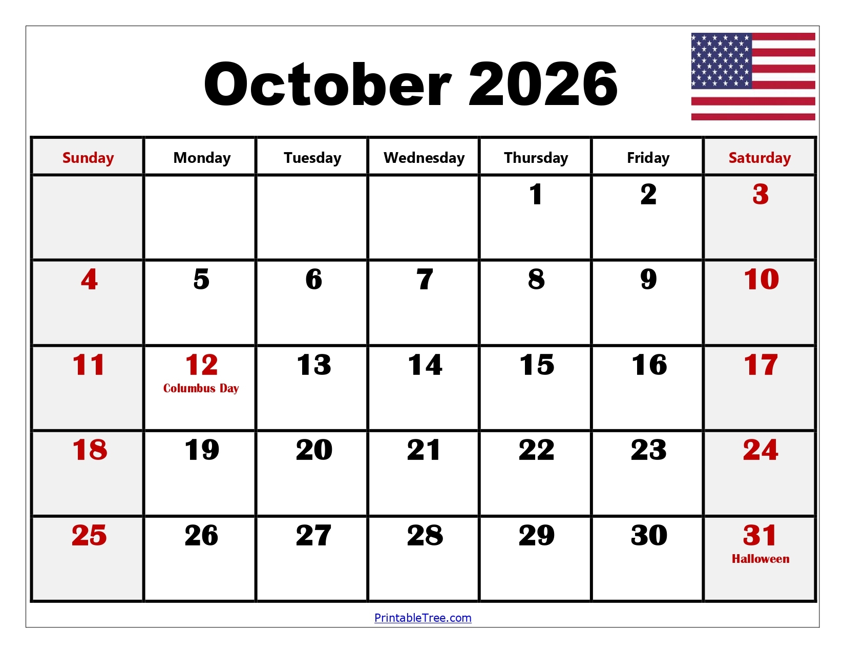 Blank Calendar October 2026 Free Printable