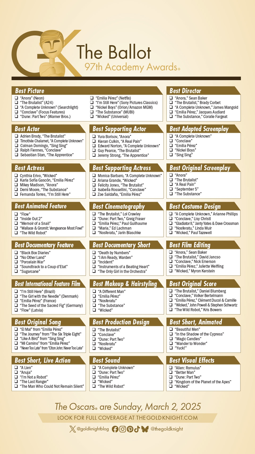 Oscars 2025 Download Our Printable Ballot The Gold Knight 