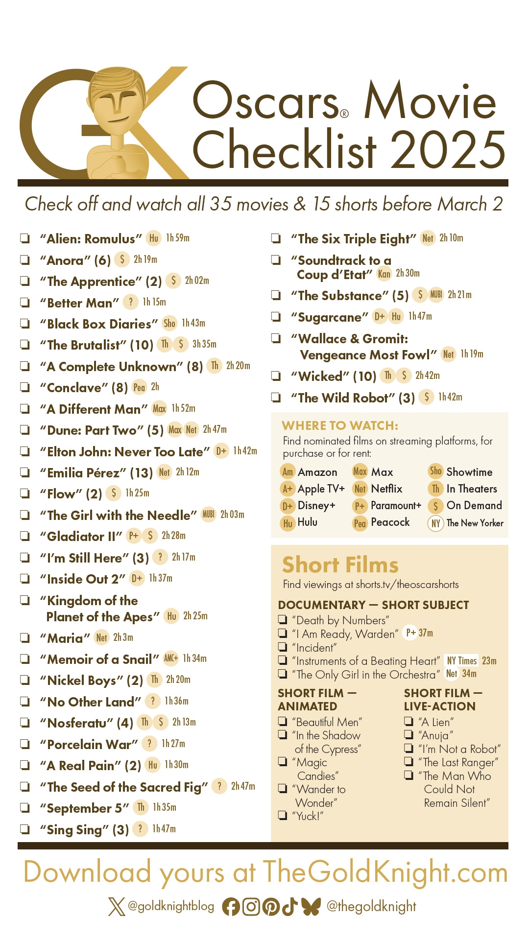 Oscars 2025 Download Our Printable Movie Checklist The Gold 