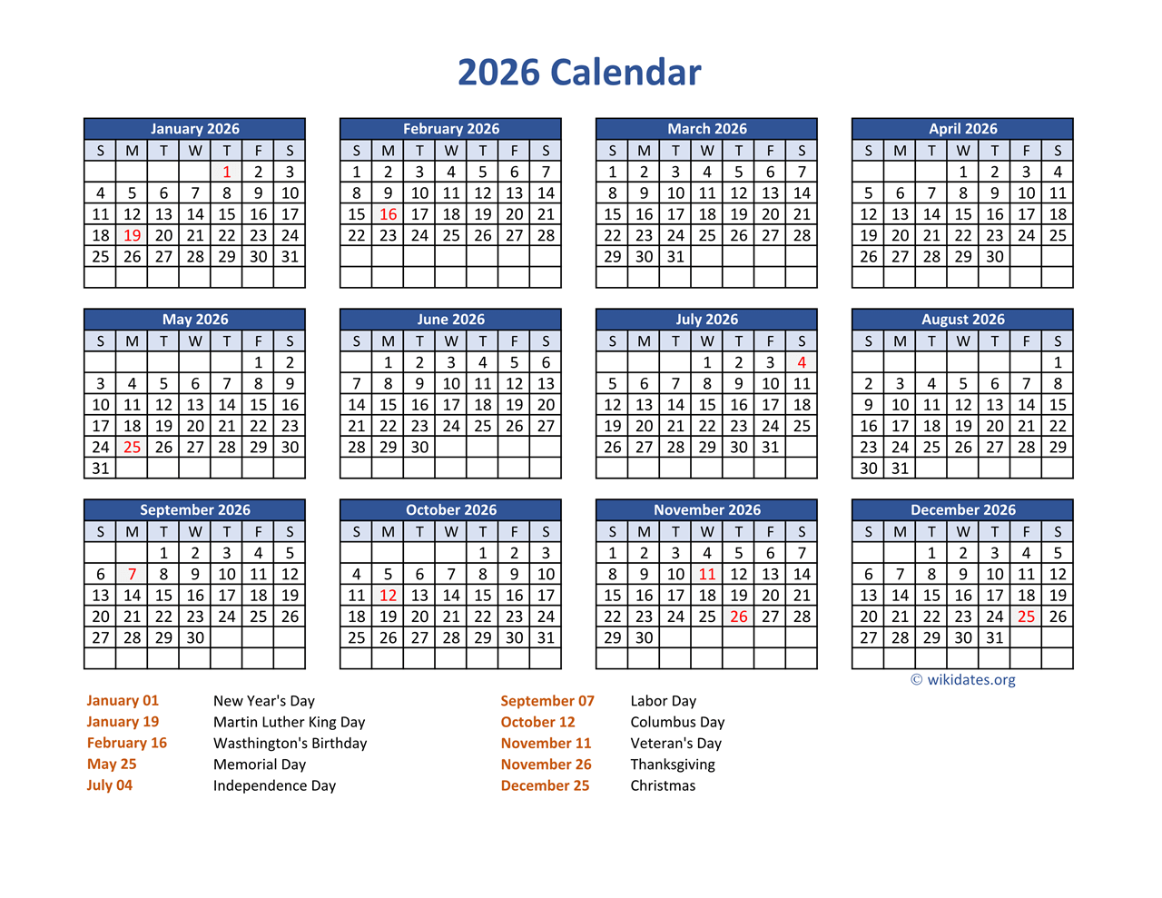 2026 Year Calendar With Holidays Printable