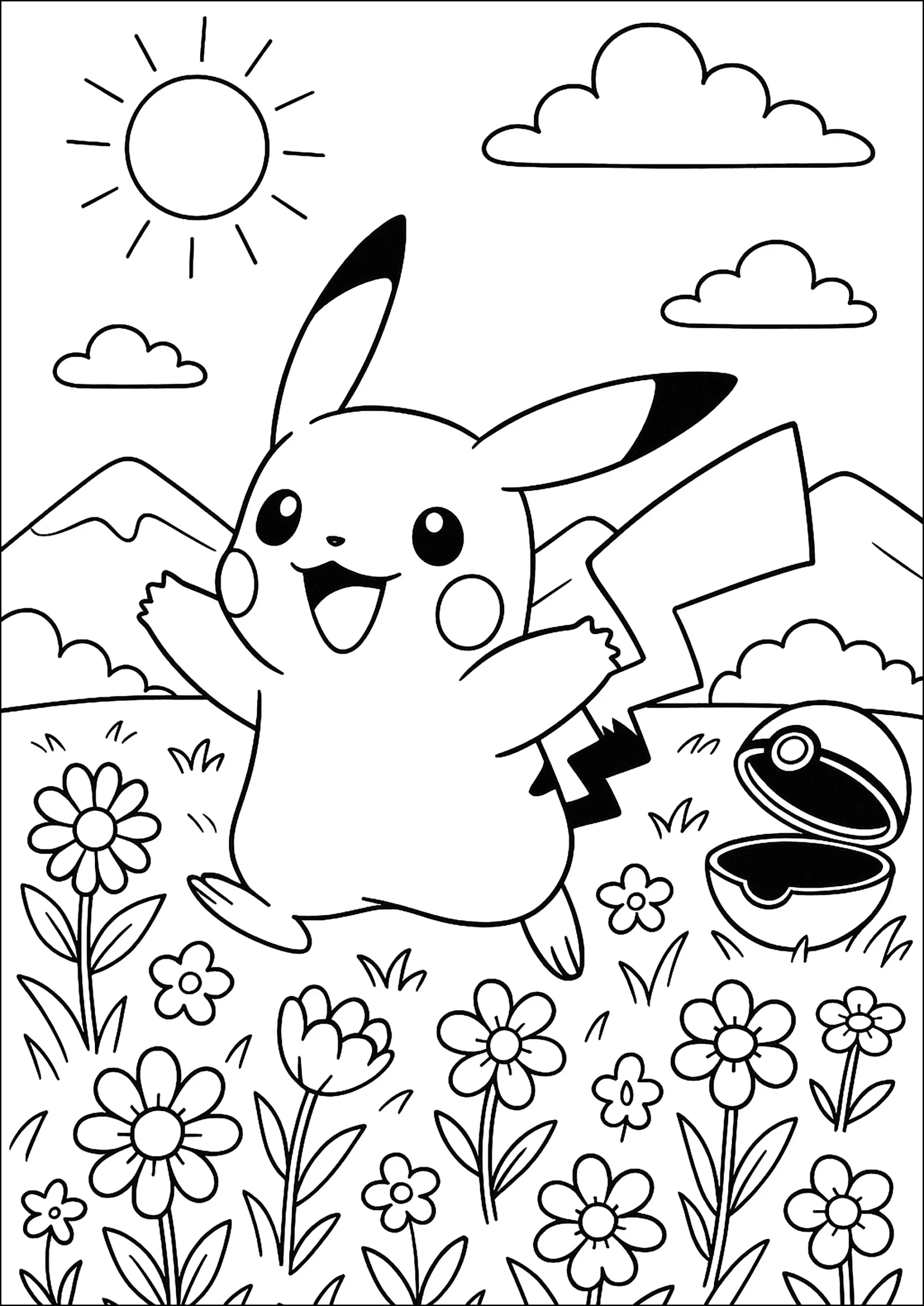 Pikachu Has Fun In Nature Pokemon Coloring Pages