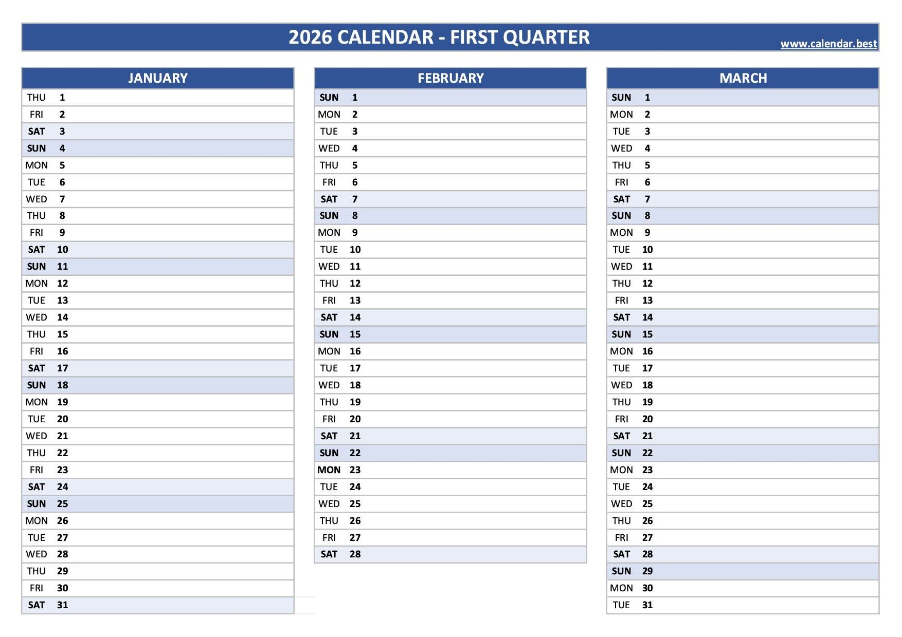Printable 1st Quarter 2026 Calendar