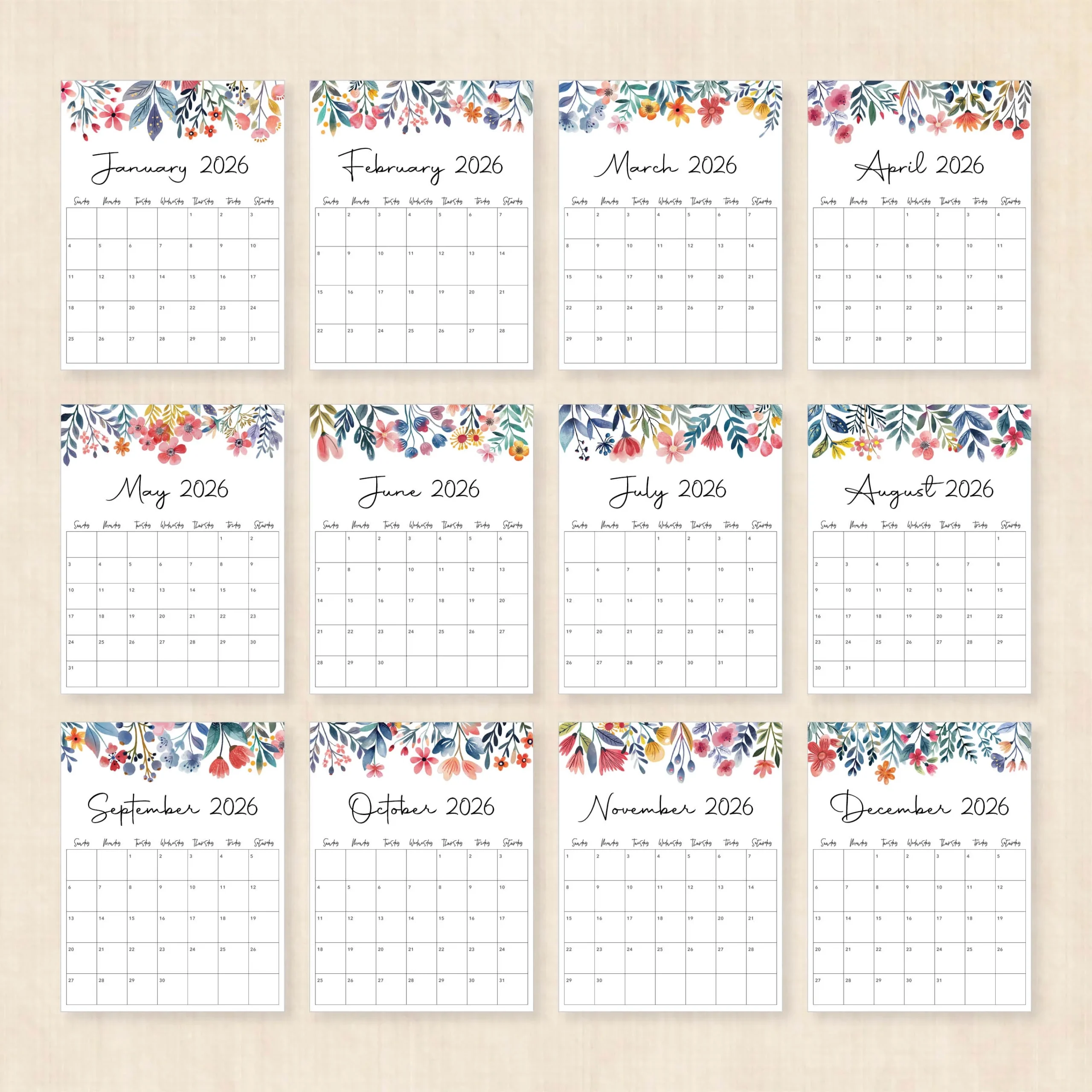 2026 Floral Calendar Printable