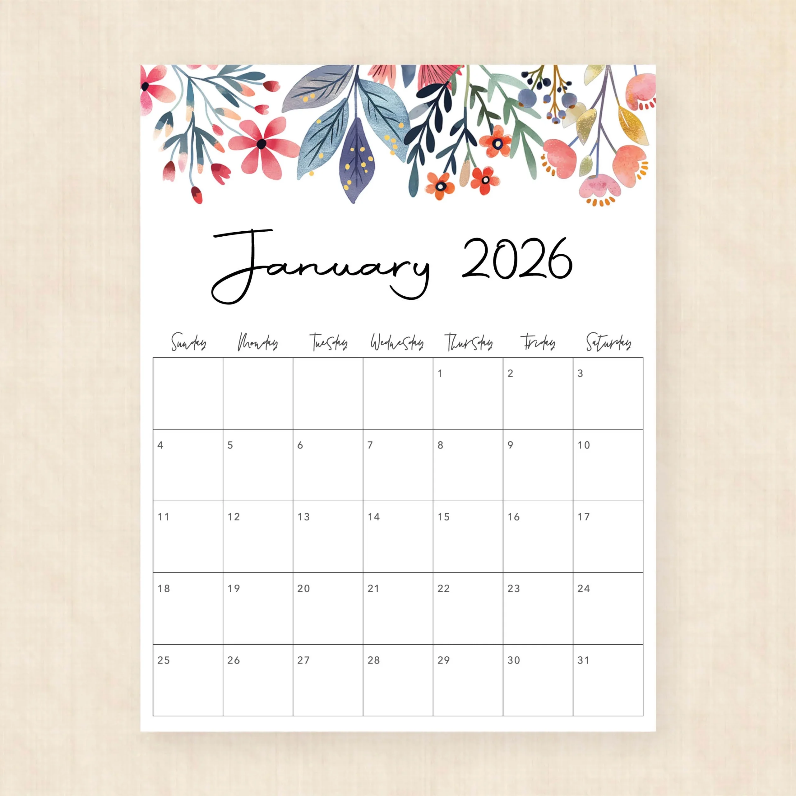 Free Printable Floral Calendar 2026