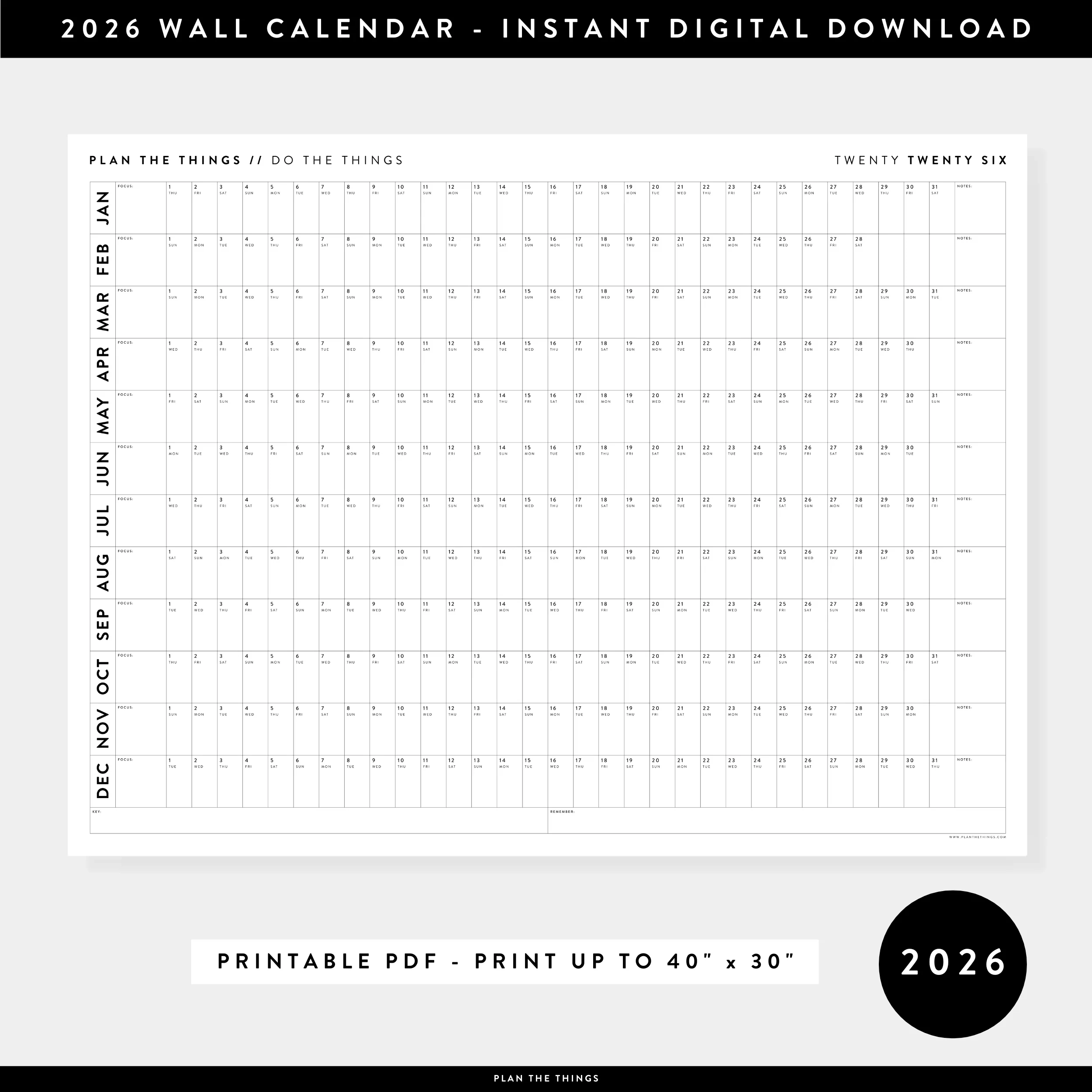 PRINTABLE 2026 HORIZONTAL WALL CALENDAR MINIMAL INSTANT 