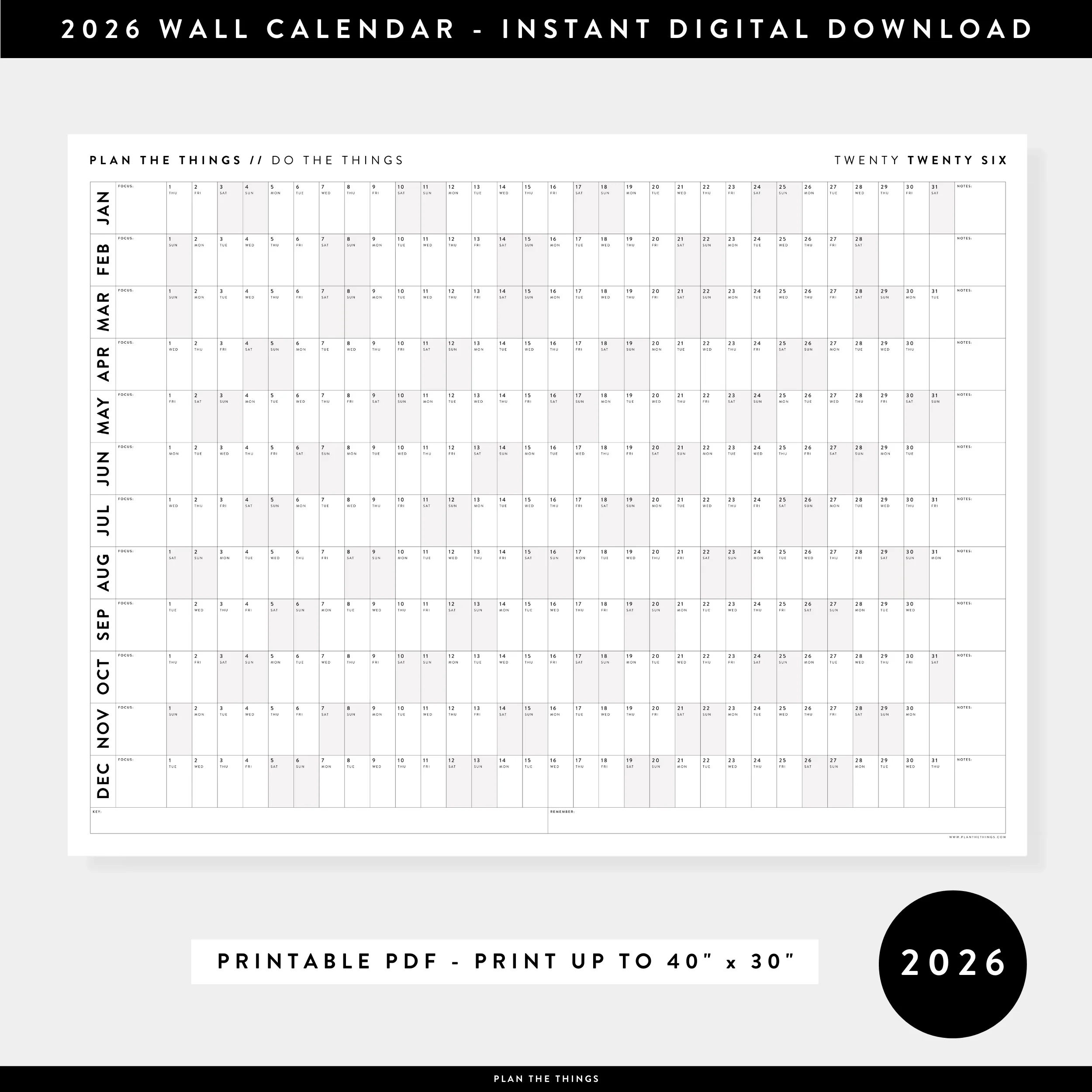 PRINTABLE 2026 HORIZONTAL WALL CALENDAR WITH GRAY WEEKENDS 