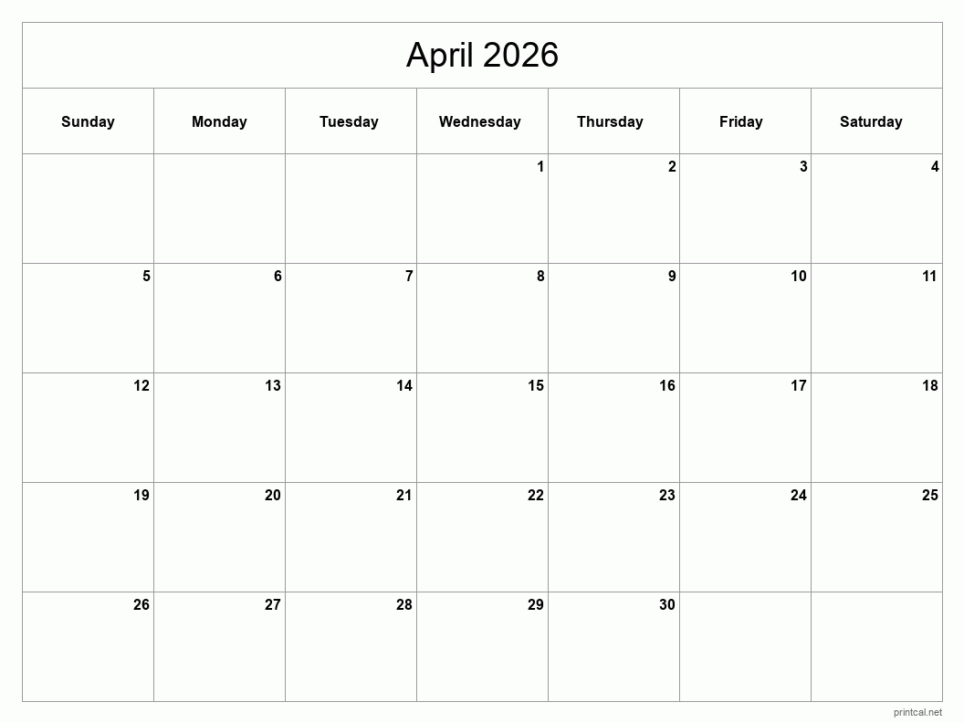 Blank Monthly Calendar Printable April 2026