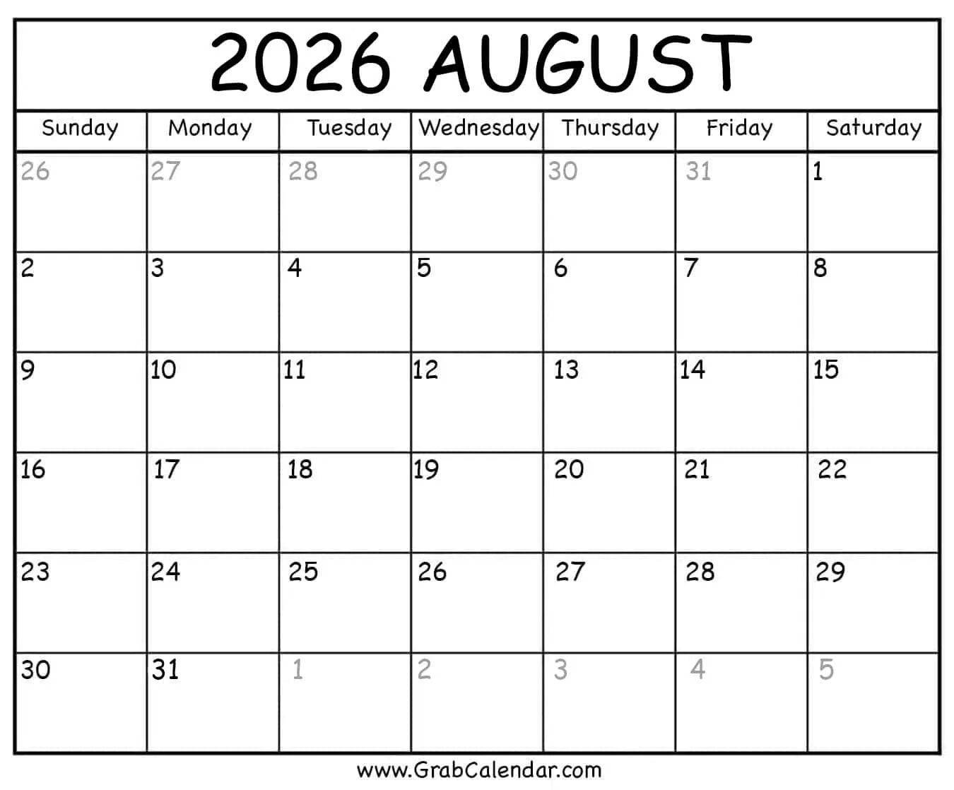 August 2026 Blank Calendar