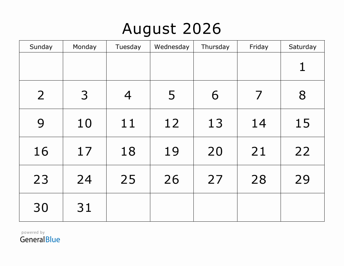 August Printable Calendar 2026