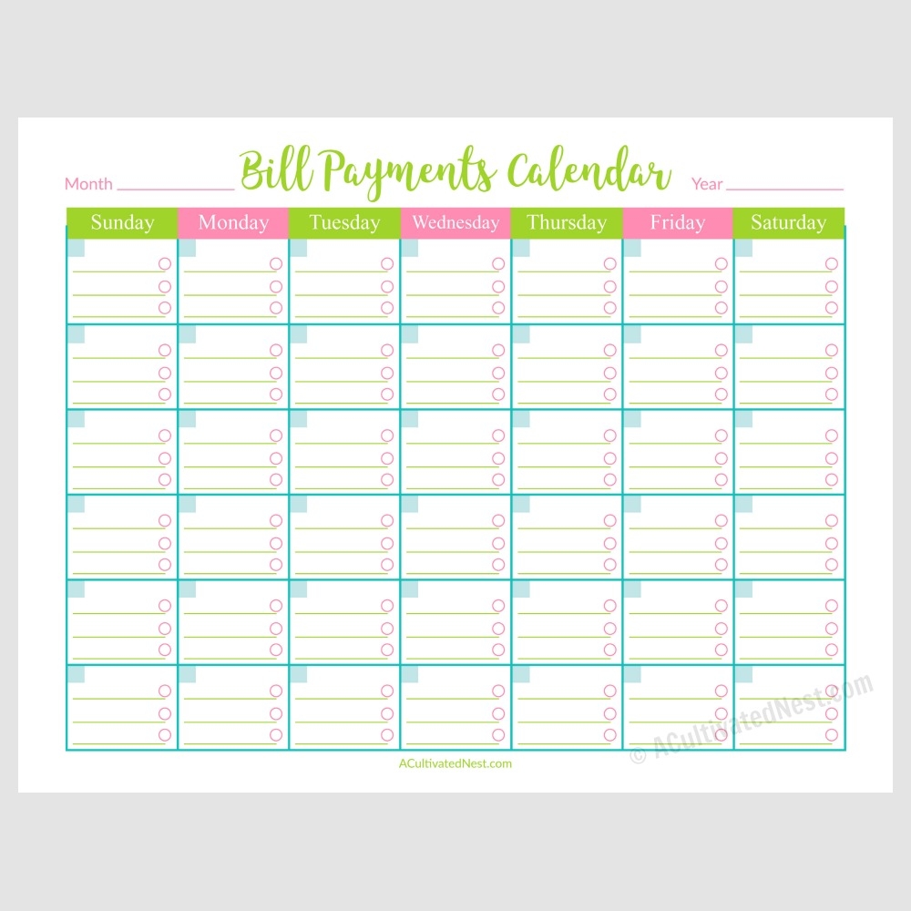 Bill Calendar Printable