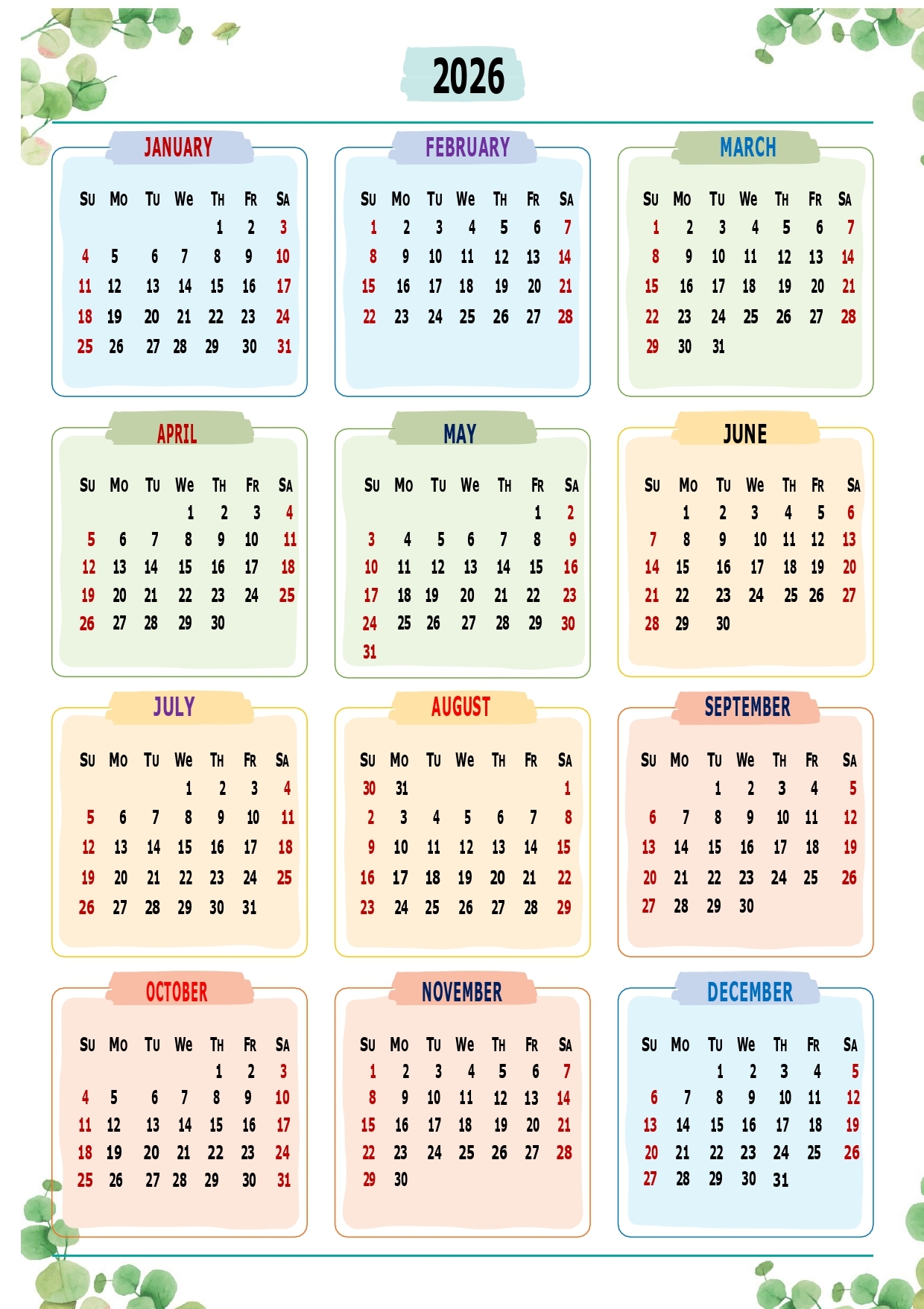 1 Page 2026 Printable Calendar