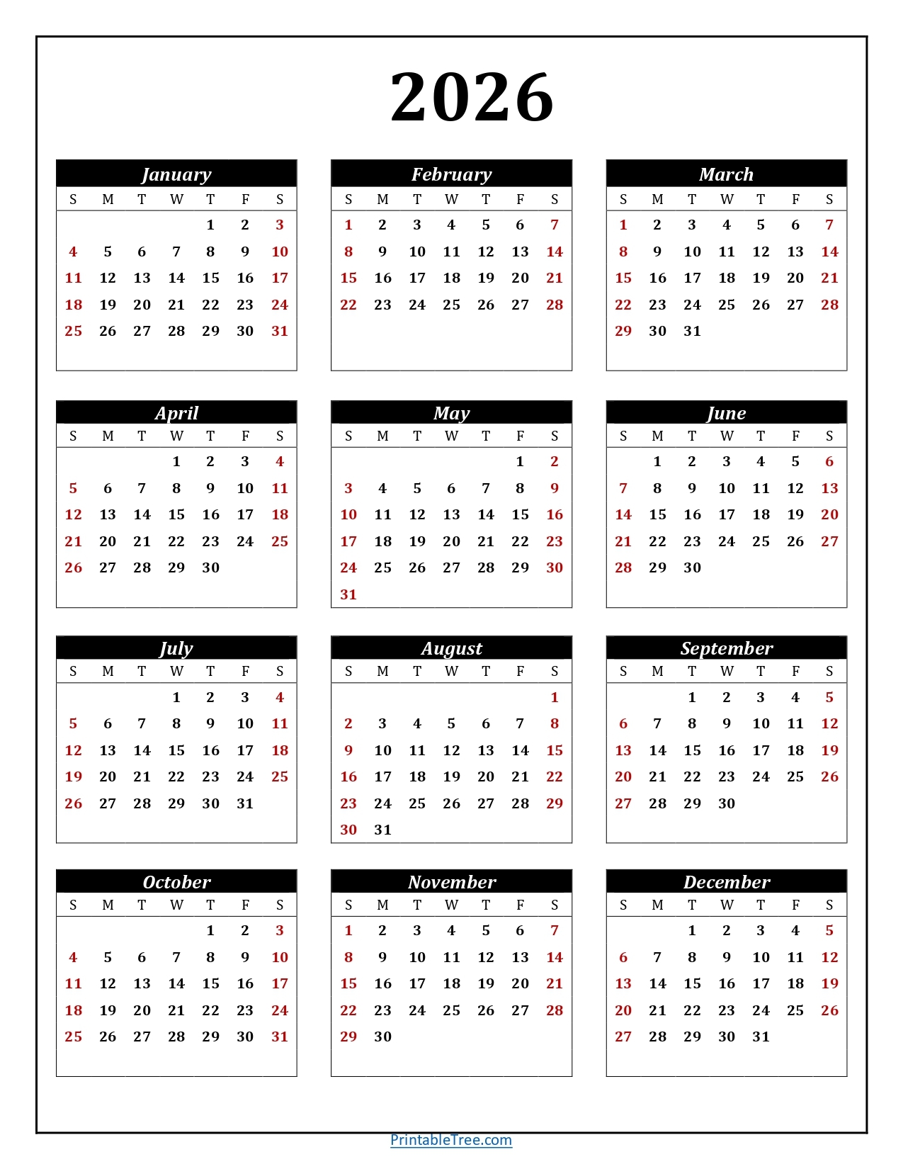 printable calendar 2026 one page with holidays single page 2026