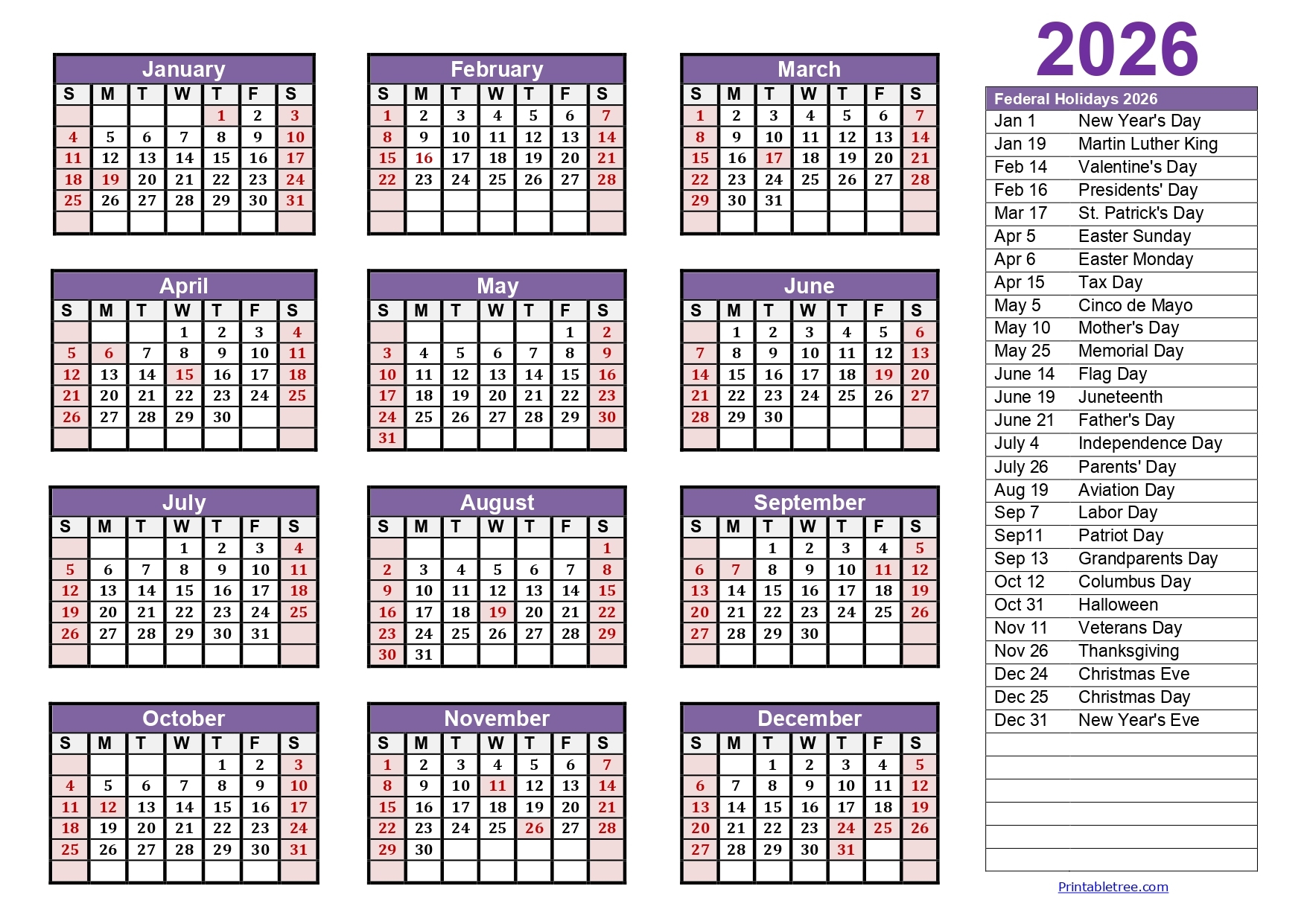 Blank Editable Printable Calendar 2026