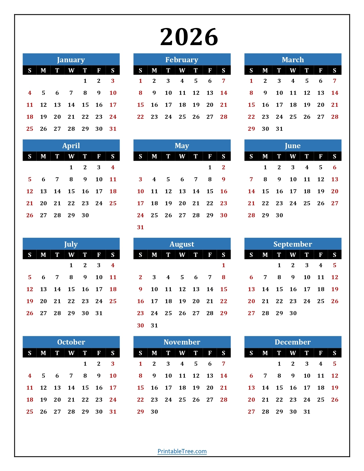 Free Printable 2026 Year Calendar With Holidays